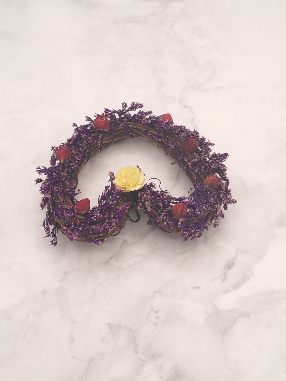 Handmade Grapevine Heart Dried Flower Arrangement – Purple Caspia & Mini Roses