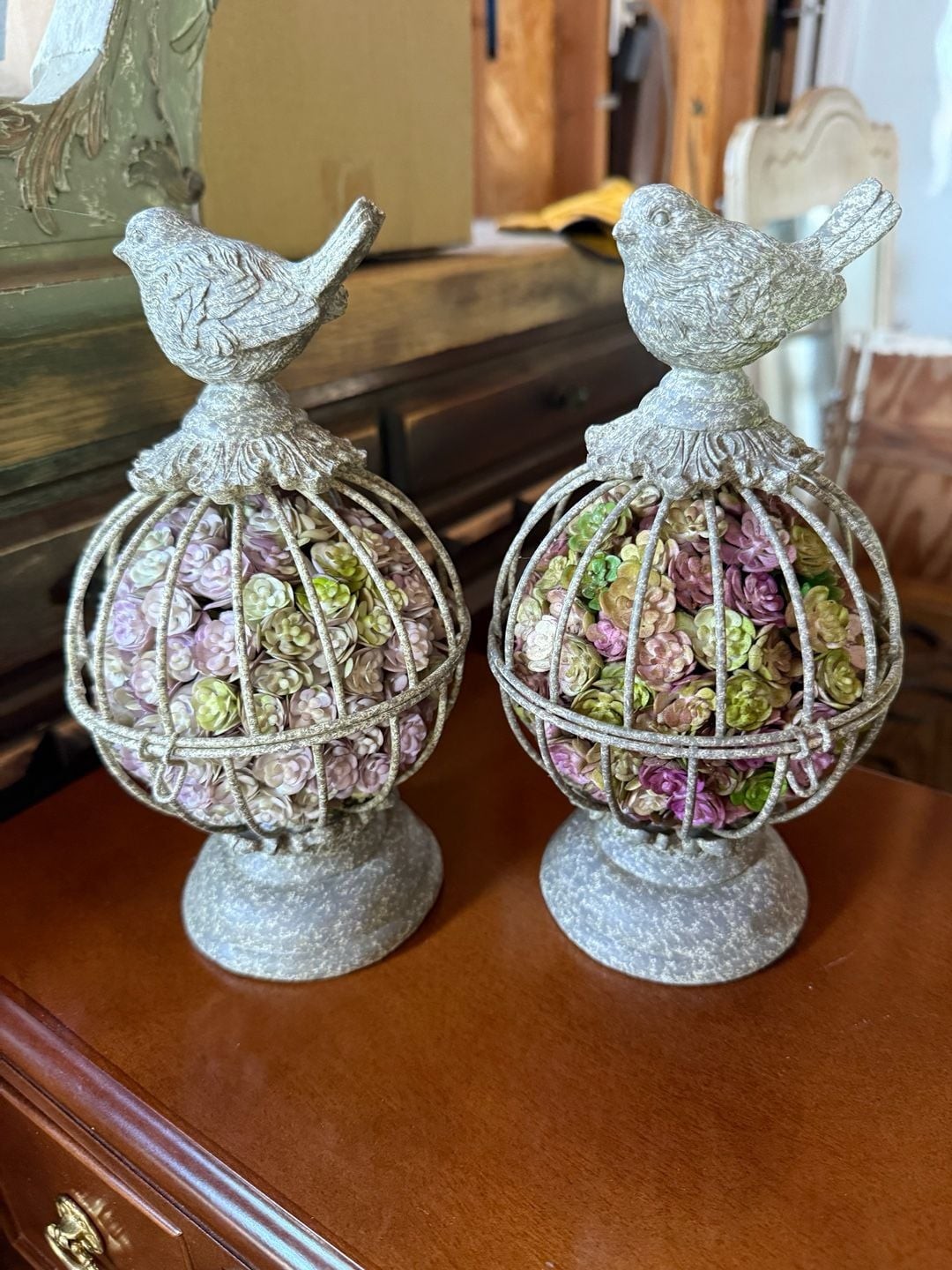 Set of 2 Distressed Gray Metal Bird Cage Table Decor with Faux Succulents