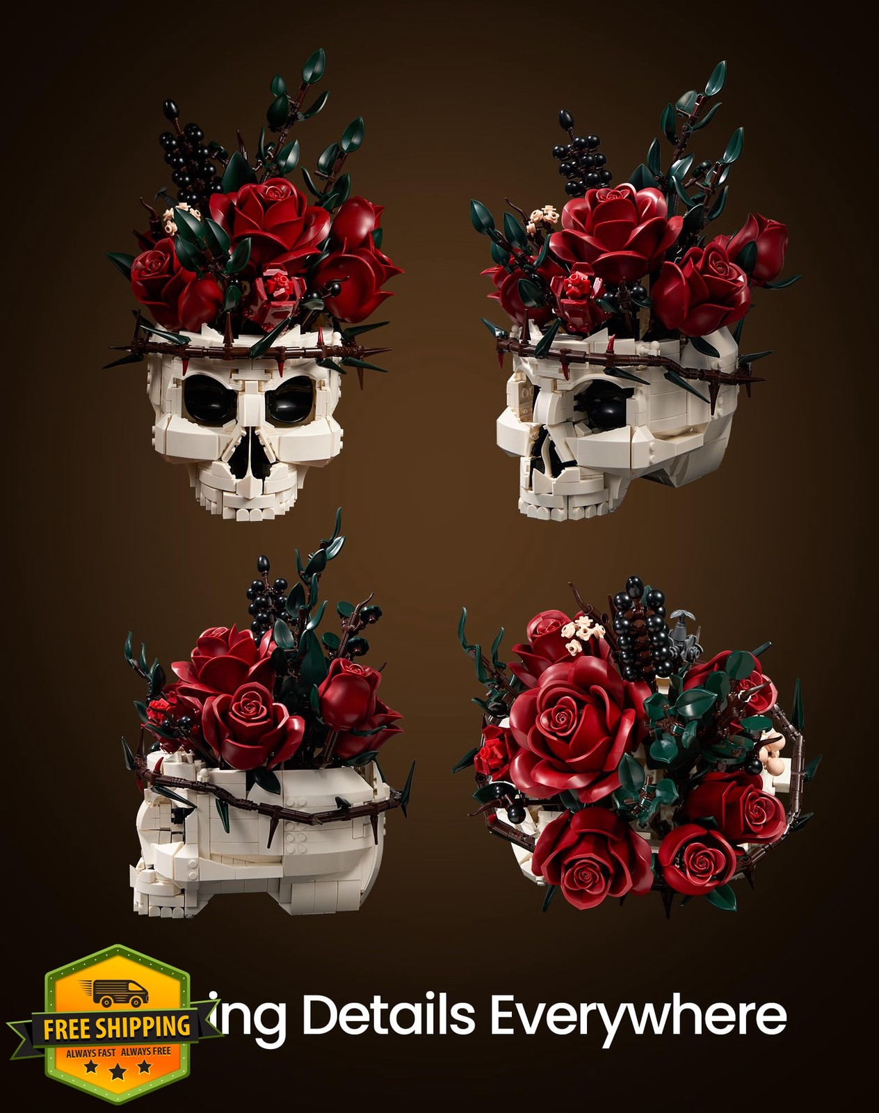 Bloxbotany Gothic Skull Rose Flower Bouquet Building Set