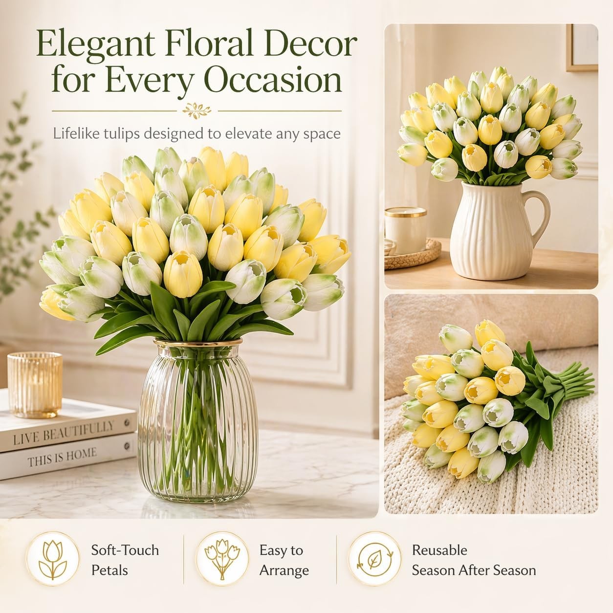 30 PCS Artificial Tulip Flowers 13.7 Inch Real Touch Mix Green Decor