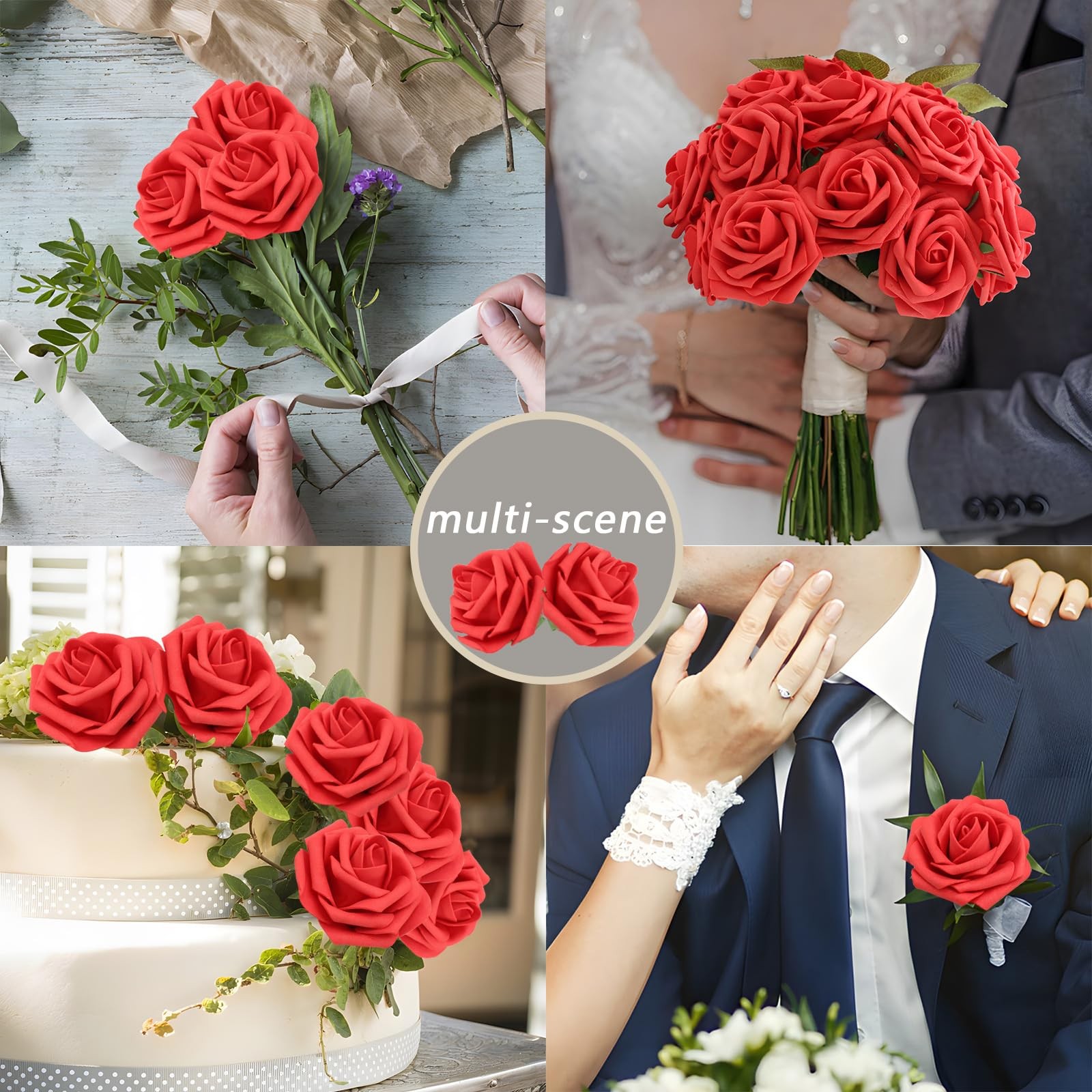 50 PCS Red Real Looking Foam Fake Roses with Leaves for DIY Wedding Bouquets