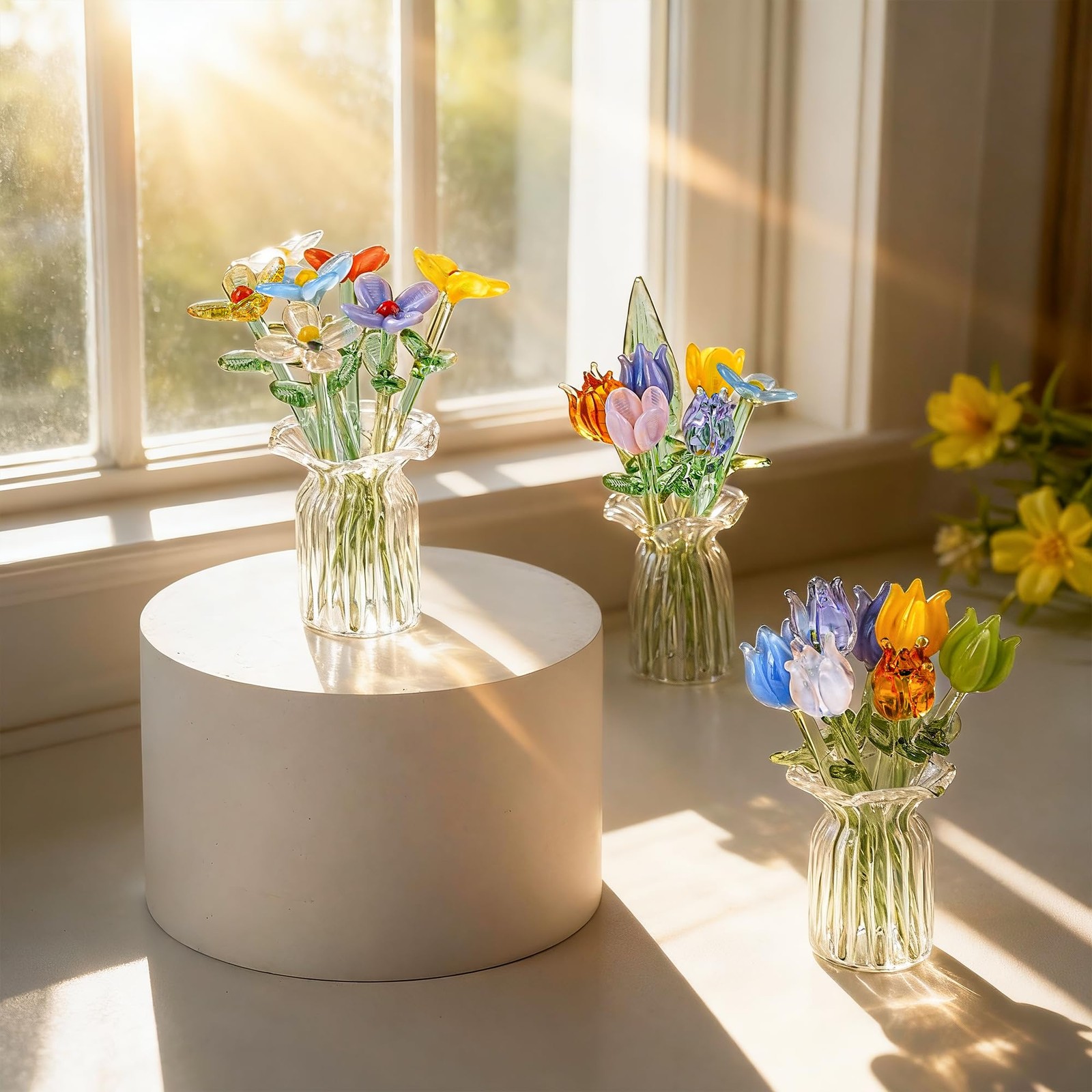 7 Pcs Blown Glass Flower Bouquet with Vase Mini Crystal Artificial Flowers fo…