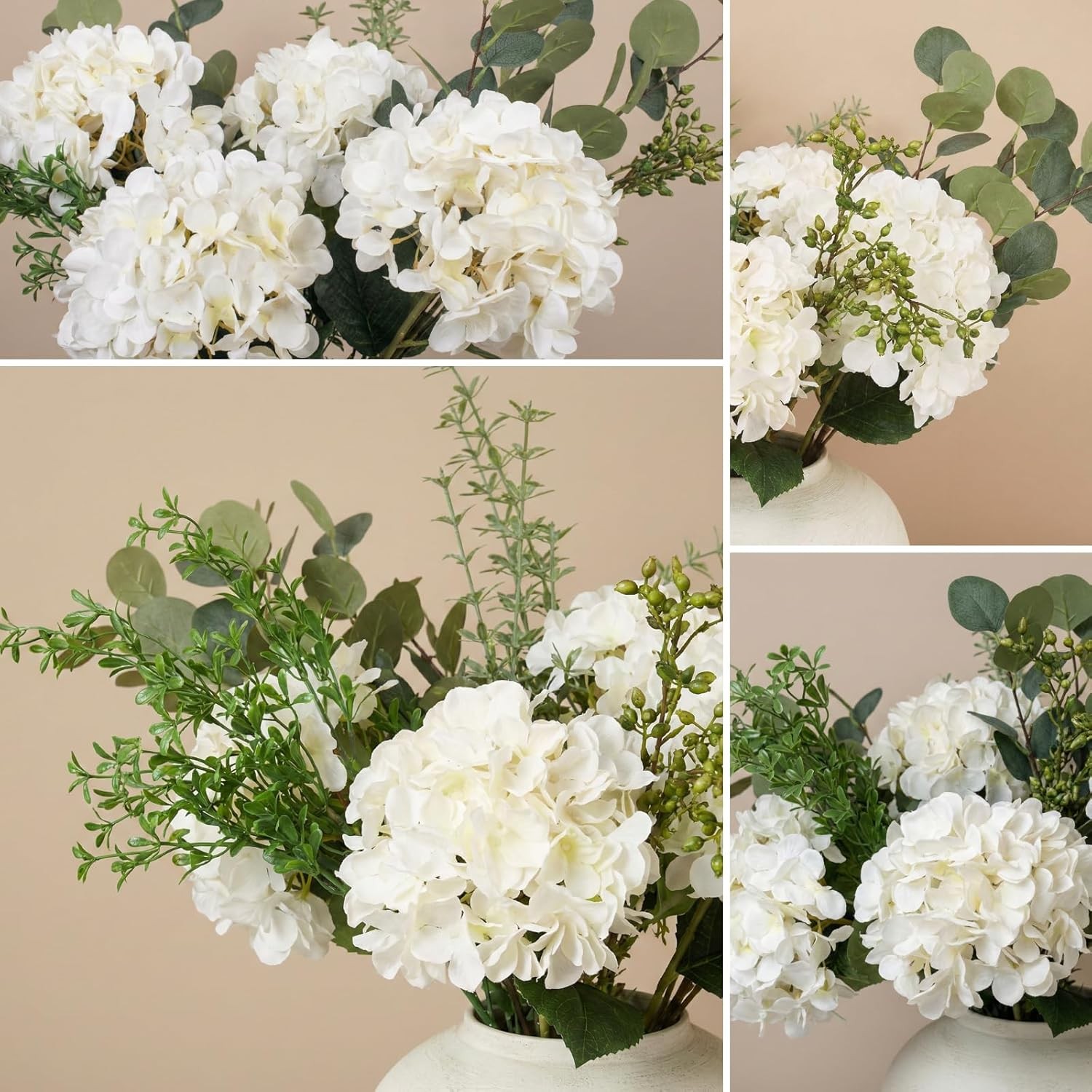 Faux Arrangement – Eucalyptus & White Hydrangea Flowers, Large Artificial Floral