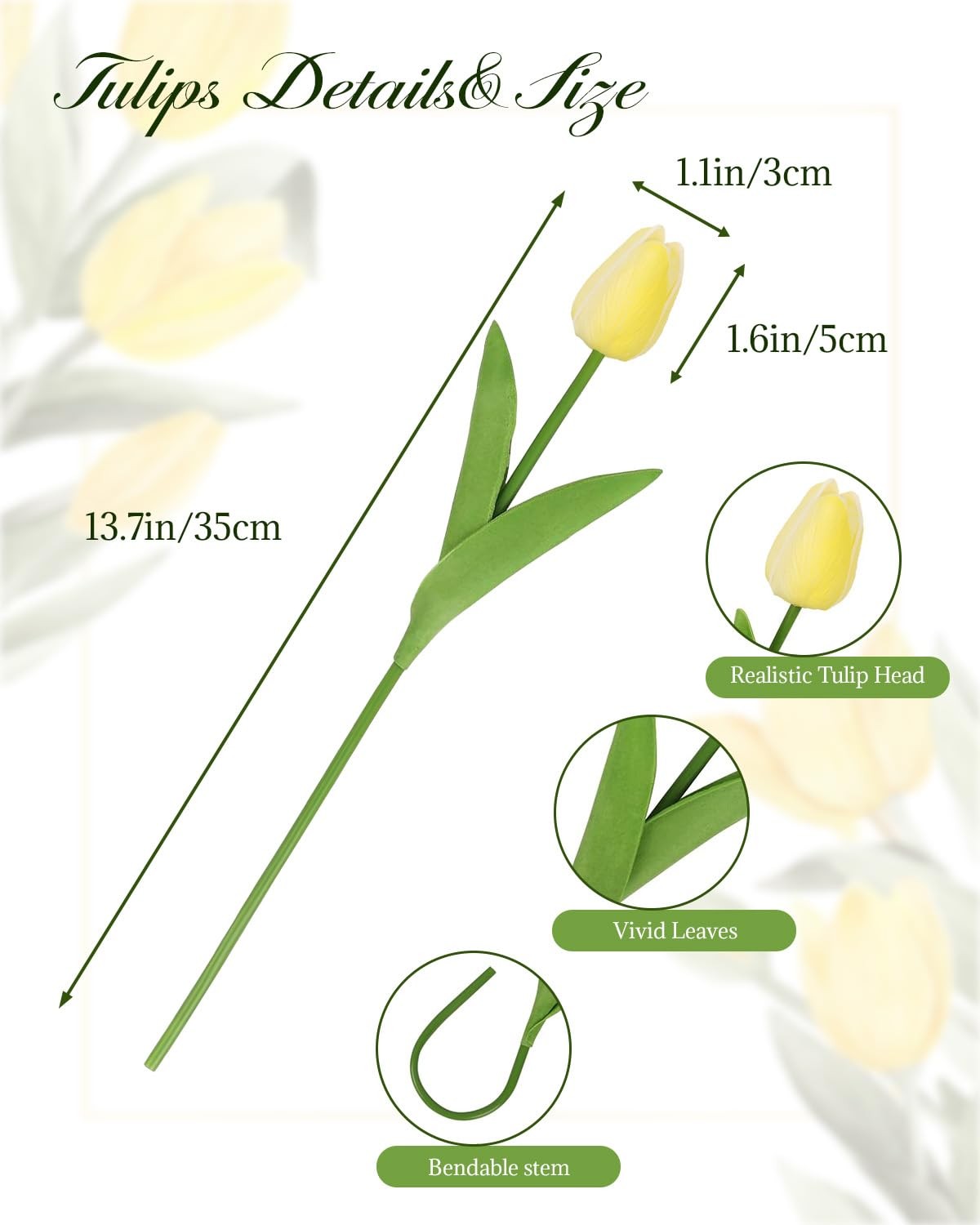 30 PCS Artificial Tulip Flowers 13.7 Inch Real Touch Mix Green Decor
