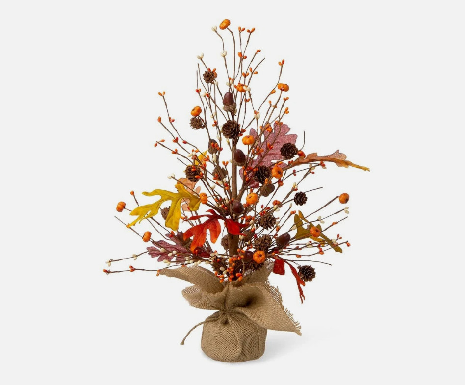 20″ H Fall Harvest Pumpkins Table Tree with Burlap Base Decorative Berries