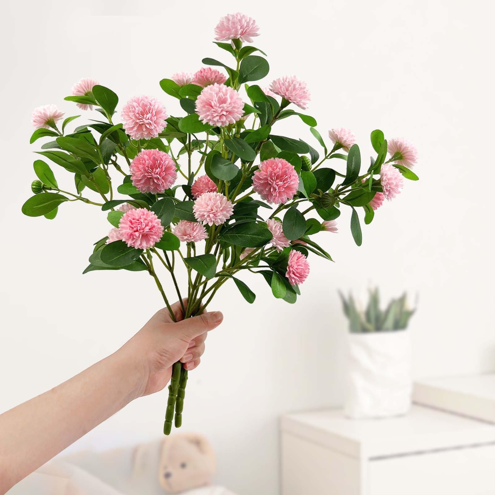 2 PCS 17.7 Inch Pink Artificial Chrysanthemum Mini Mums Faux Flowers