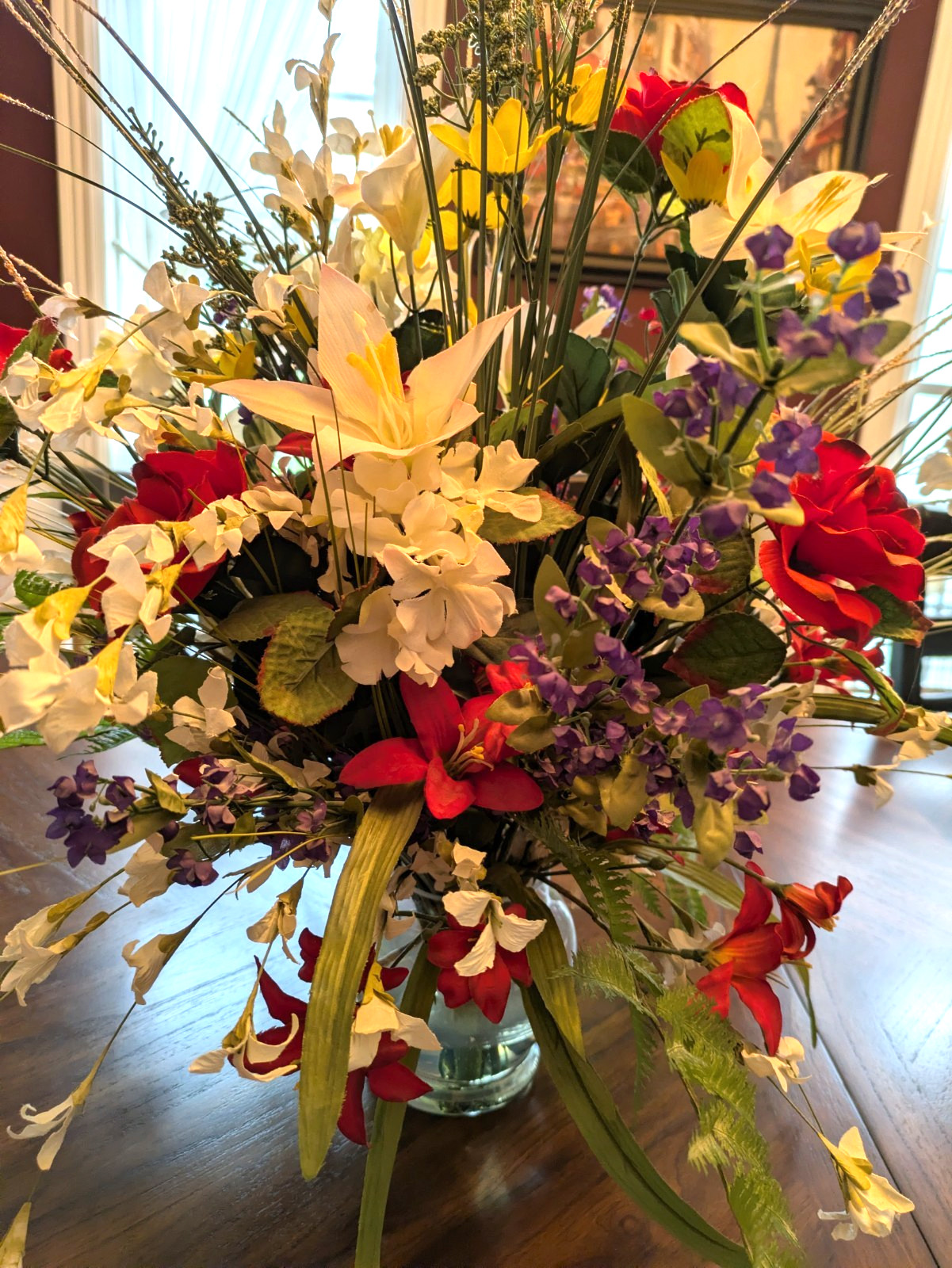 Silk Flower Centerpiece Multi-Color in Clear Glass Vase