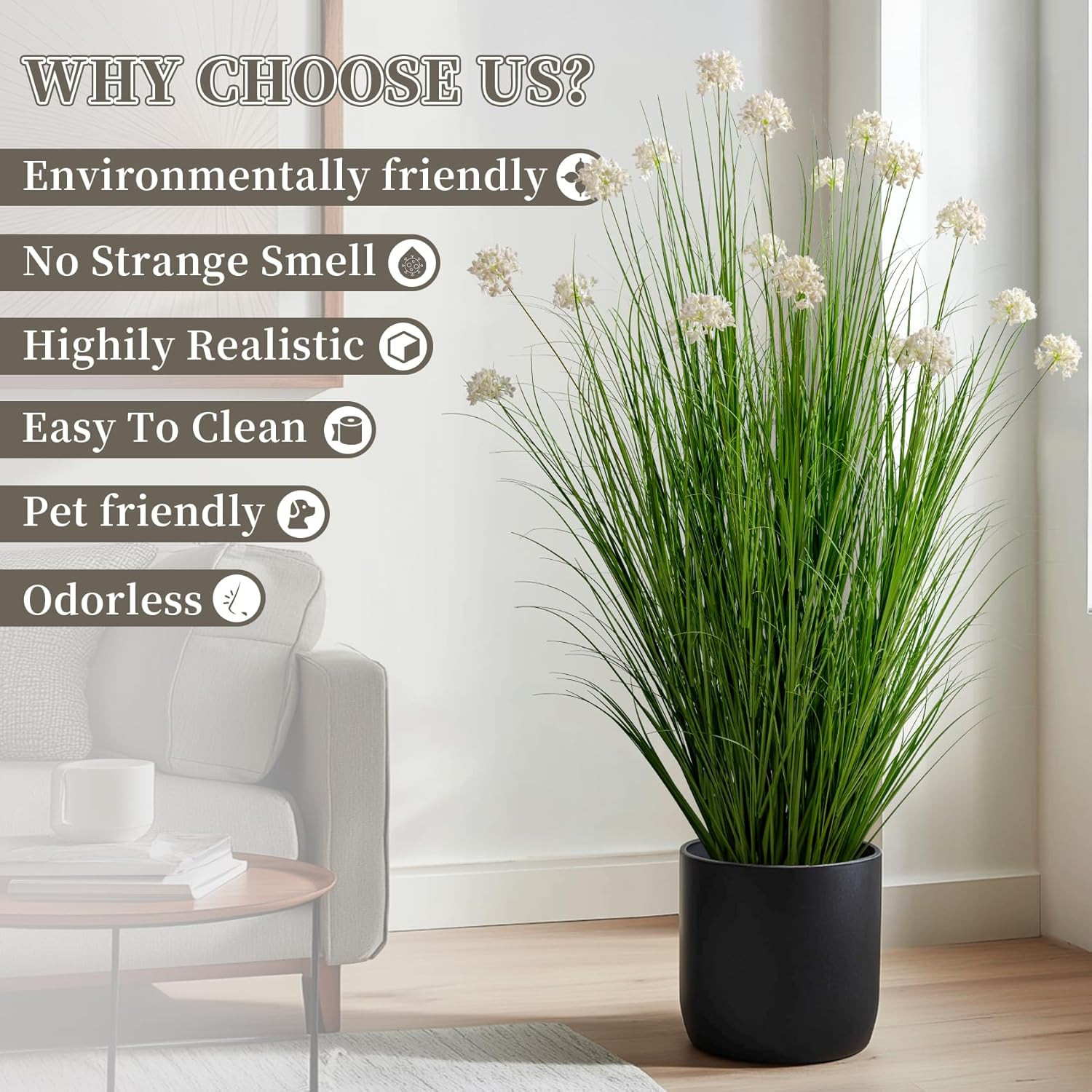 57″ Lifelike Tall Grass & Dandelion Flowers – Non-Toxic Indoor Decor Plant