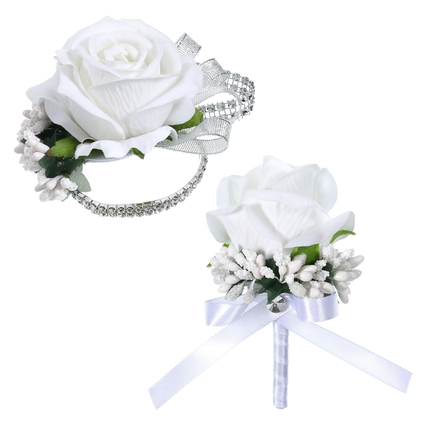 White Rose Corsage Boutonniere Set, Rhinestone 2Pcs Prom