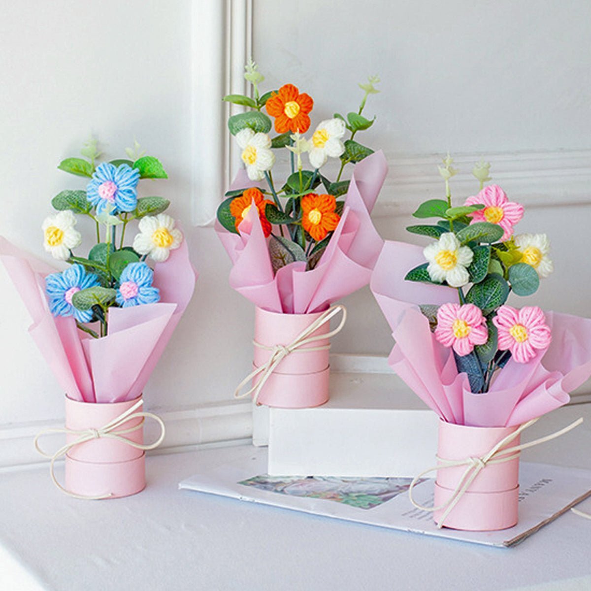 Crochet Flowers Bouquet with Light, Exquisite Gift Knitted Home Floral Decor