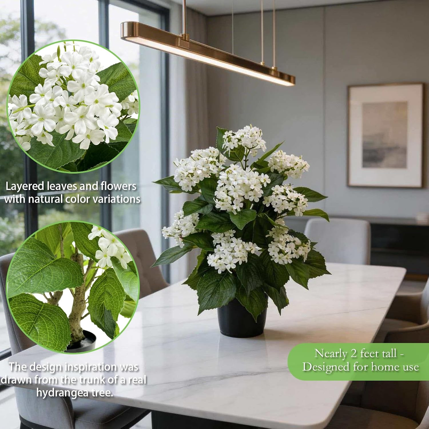 24 Inch Artificial White Hydrangea Potted Plant, 2 Pack Faux Silk Flower Bonsai