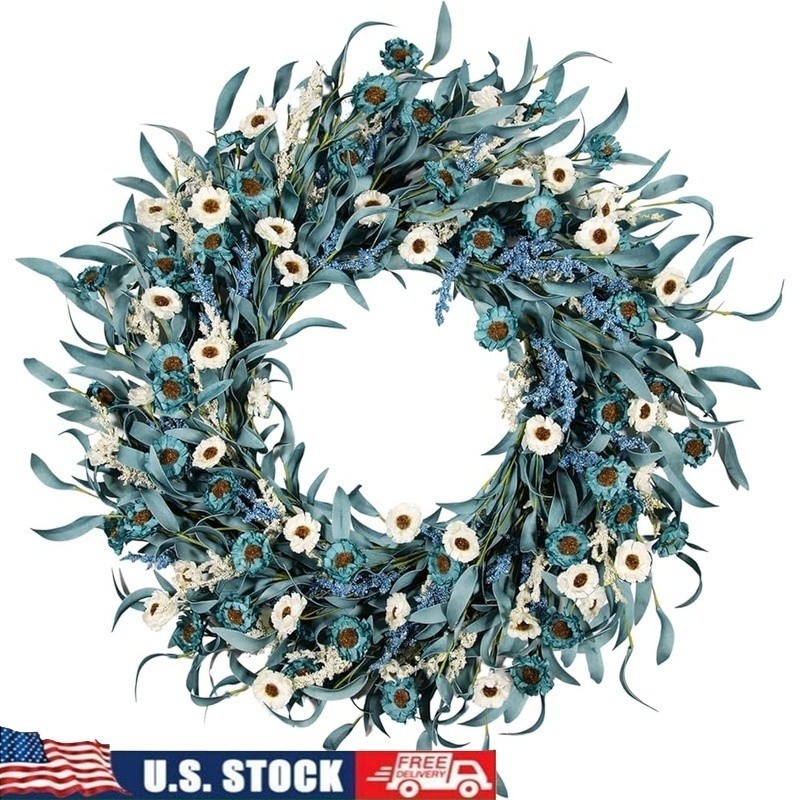 24In Rustic Blue White Flower Wreath Front Door Decor Seasonal Home Accent New