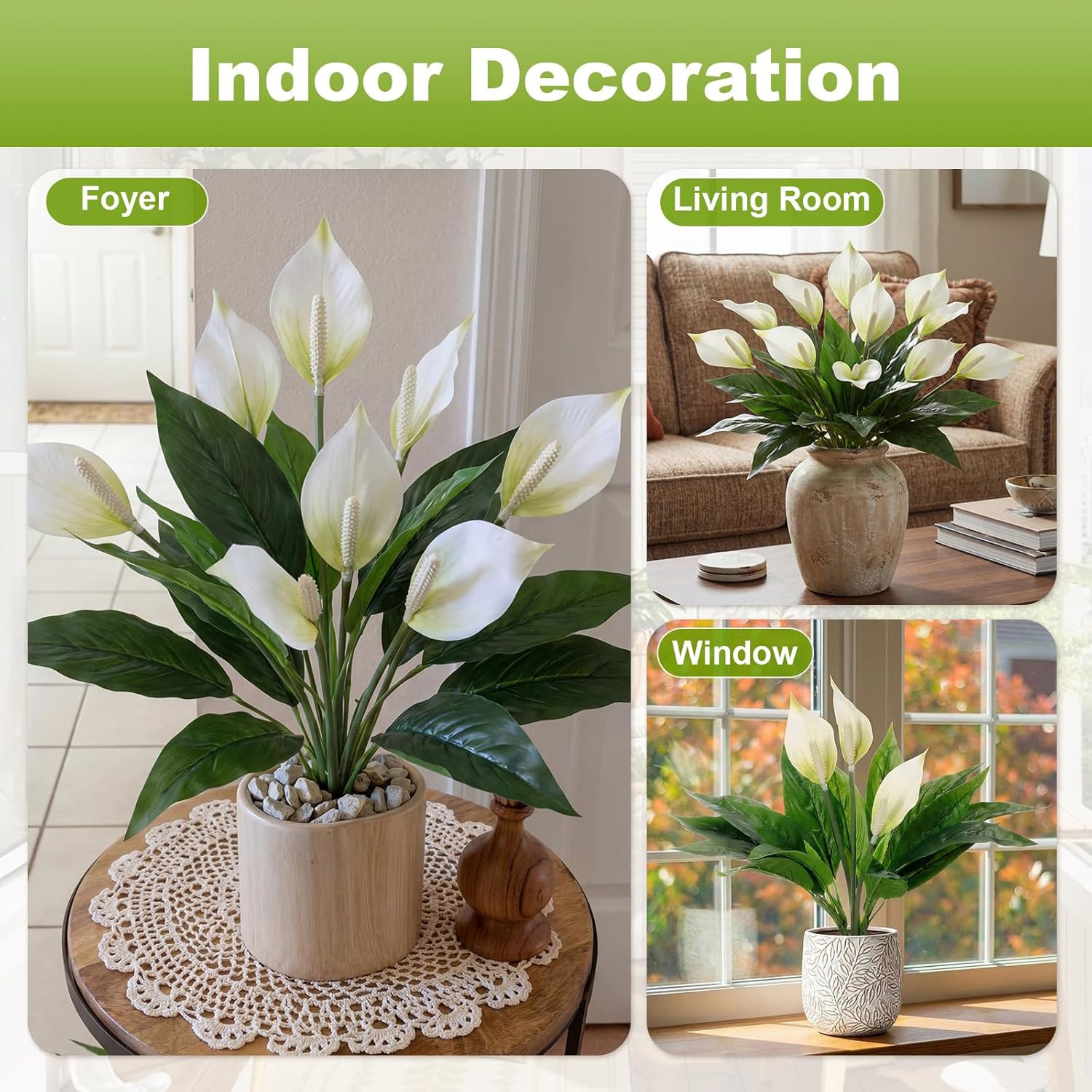 6 Pcs Faux Peace Lily Plants with Realistic Leaves for Home Decor & Centerpieces