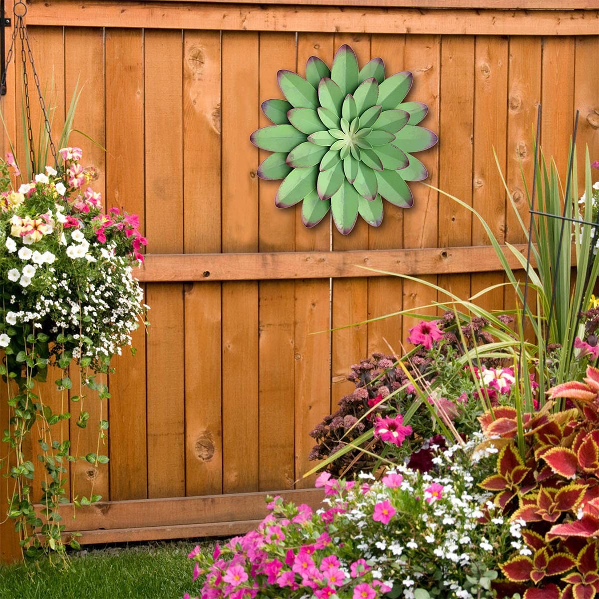 AHYS Metal Flowers Wall Decor Indoor Outdoor 12″L x 12″W, Green