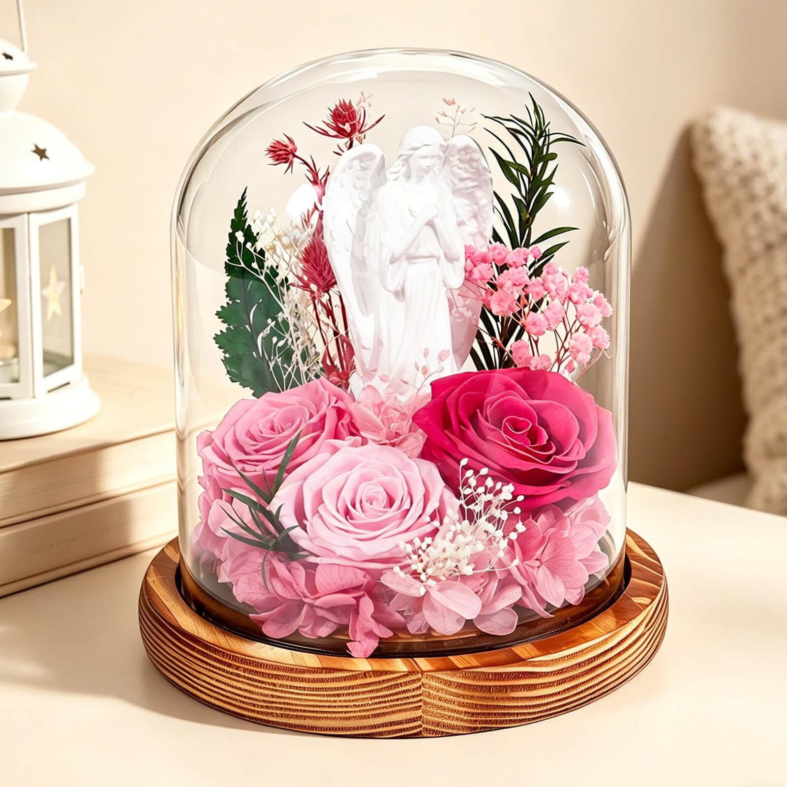Gifts for Mom, Forever Preserved Real Rose in Glass Dome with Angel Figurine,…
