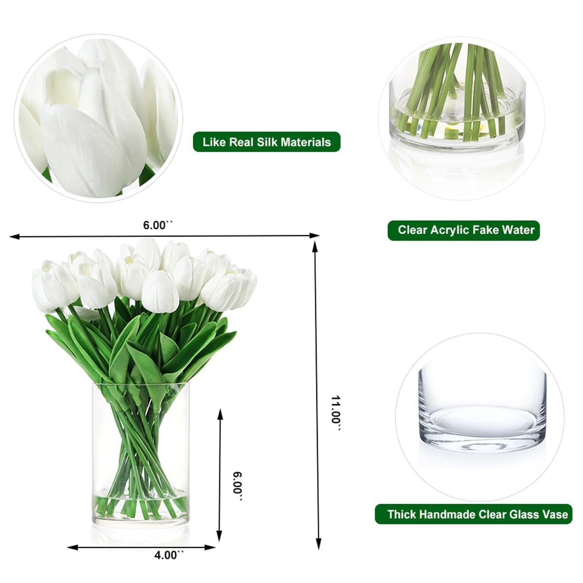 20 PCS Real Touch White Artificial Tulips Fake Flowers In Vase Fake Water
