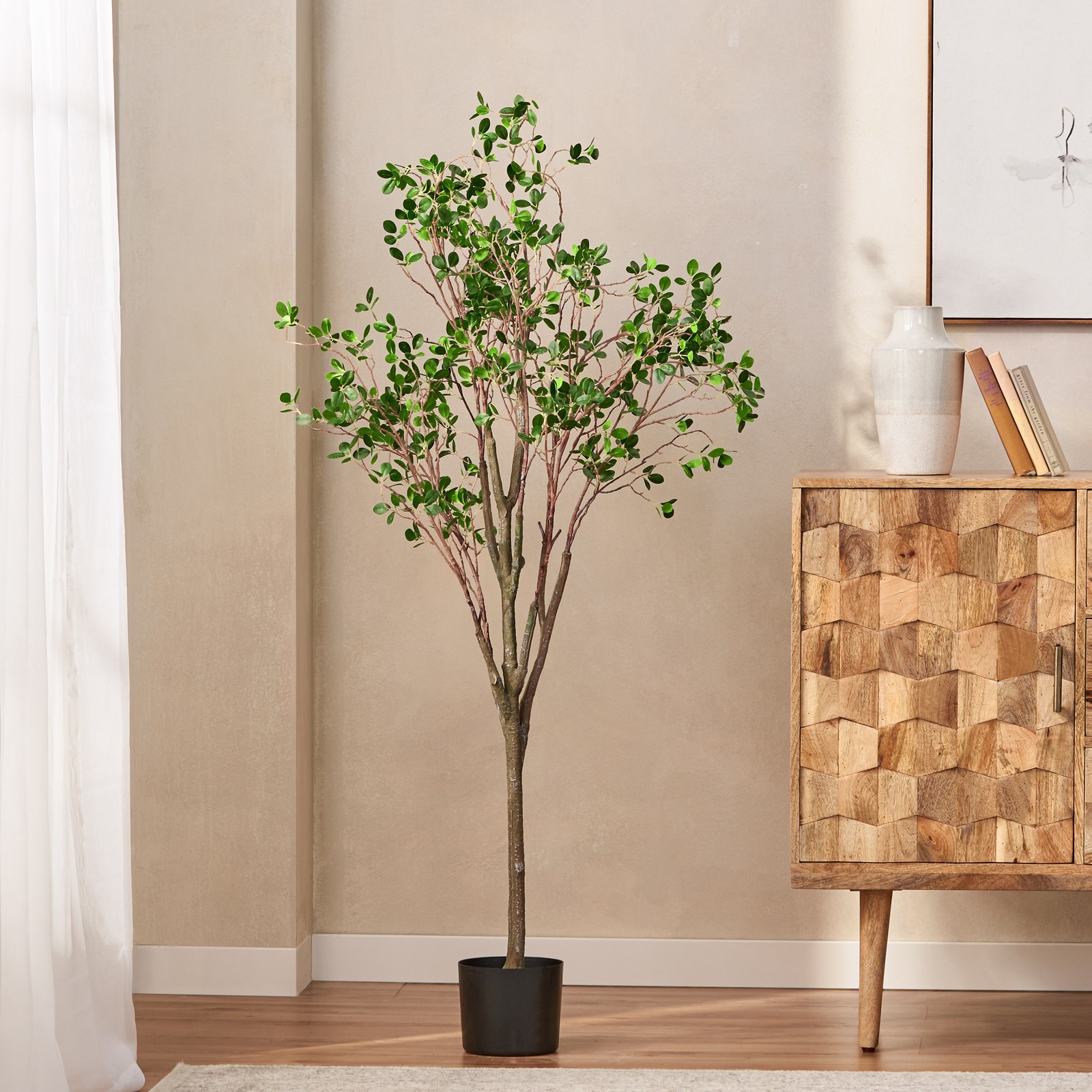 Artificial Leaf Tree 59 Inch Pre-Potted Realistic Faux Plant Indoor Decor