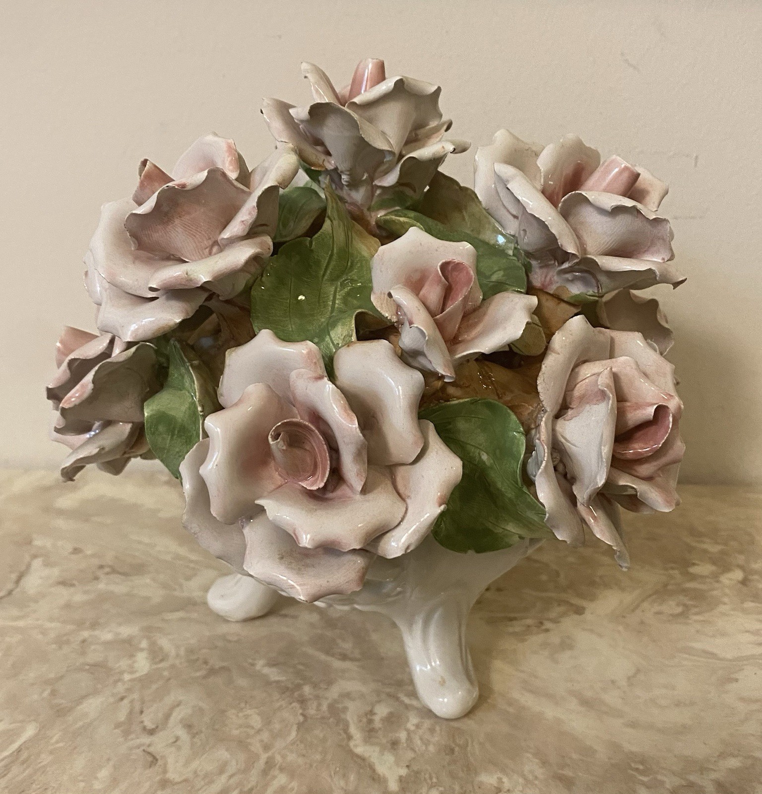 Porcelain Flower Centerpiece Capodimonte Style Italy Pink Roses 6” Tall