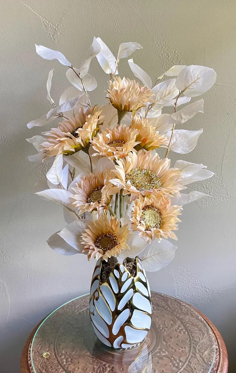 Peach Sunflowers Floral Arrangement: Fancy Table Centerpiece, Modern Home Decor