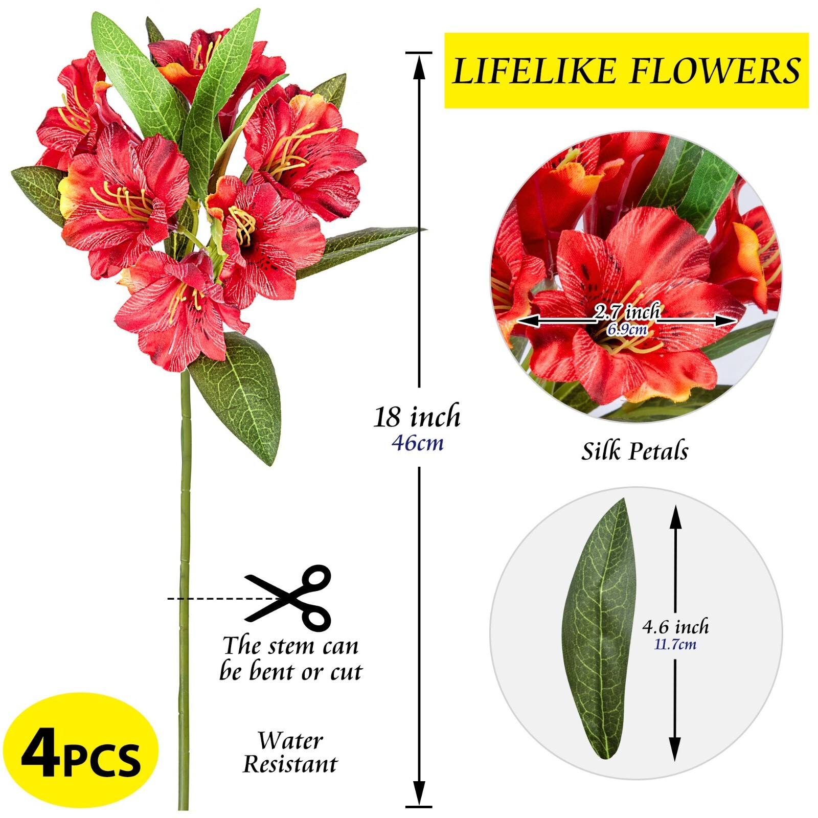 Alstroemeria Silk Flowers 18” Stems Artificial Bouquet Indoor Decoration, 4pcs