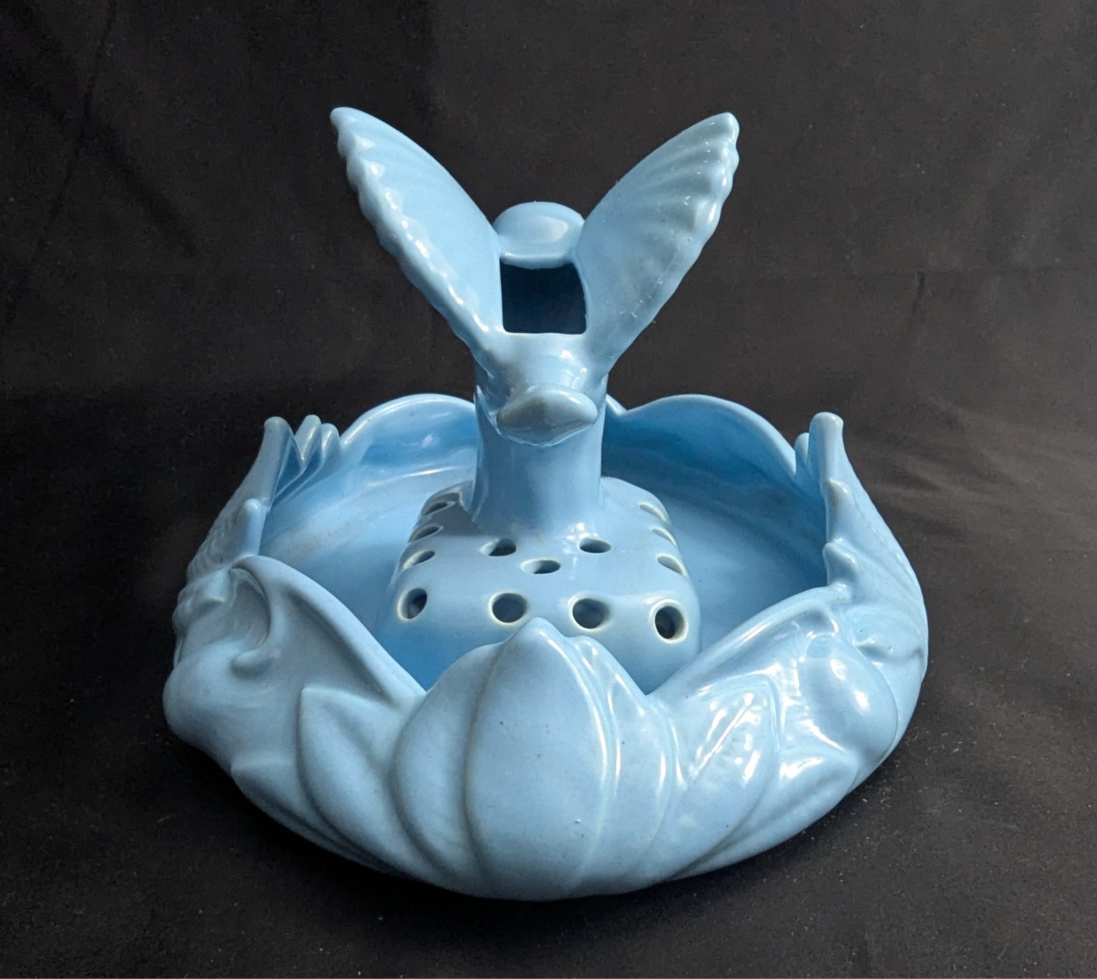 Vtg Camark Art Pottery Blue Shallow Bowl Planter & Bird Flower Frog Set (S4)