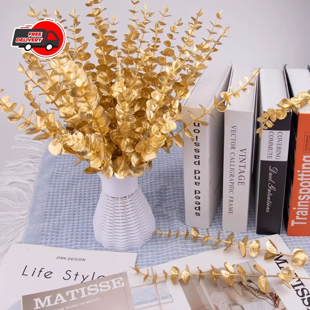 5PCS Gold Artificial Eucalyptus Eucalyptus Branch Stems Wedding Home Greenery De