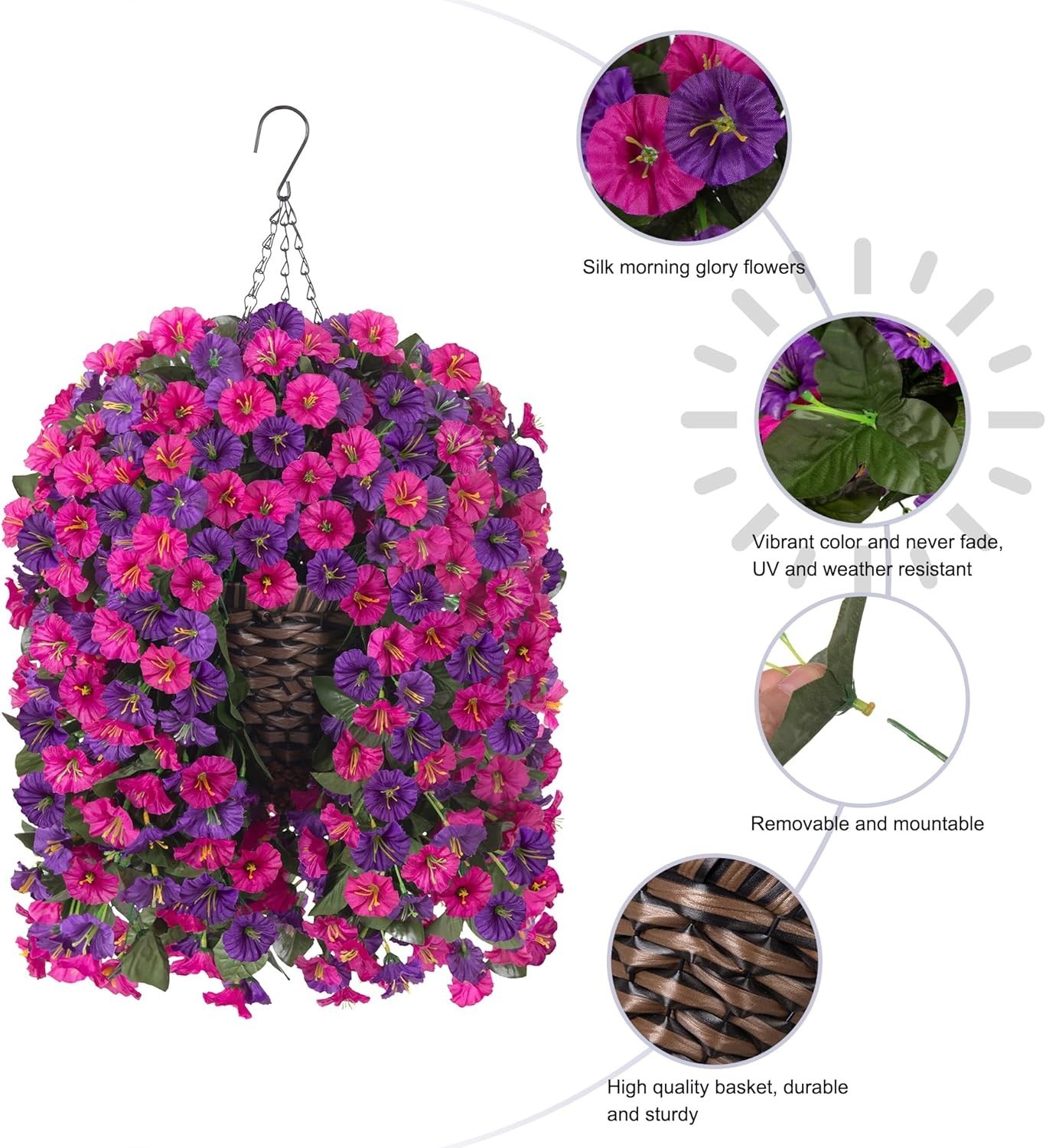 Vibrant Faux Silk Morning Glory Hanging Basket – Realistic & Weatherproof Out…