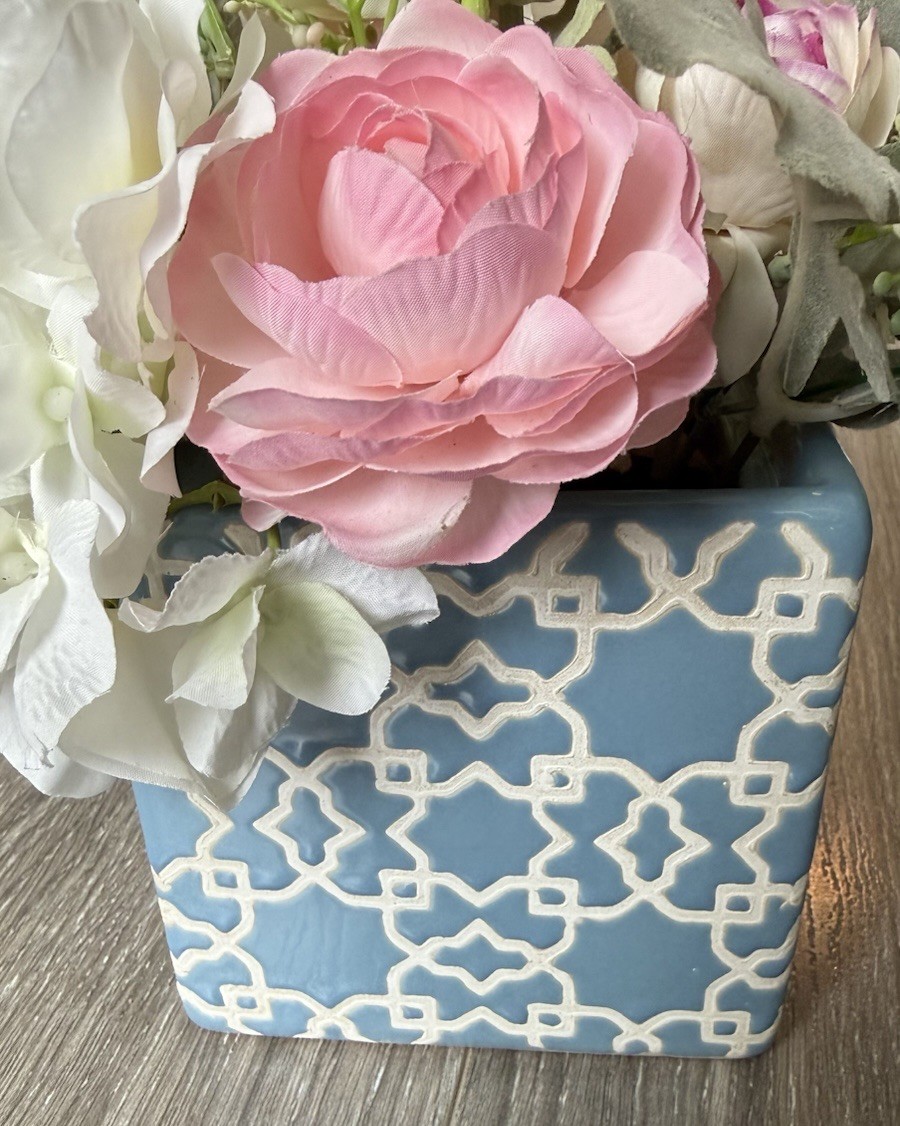 Artificial Floral Arrangement Pink White Flowers Blue Ceramic Vase 9” Tall Decor