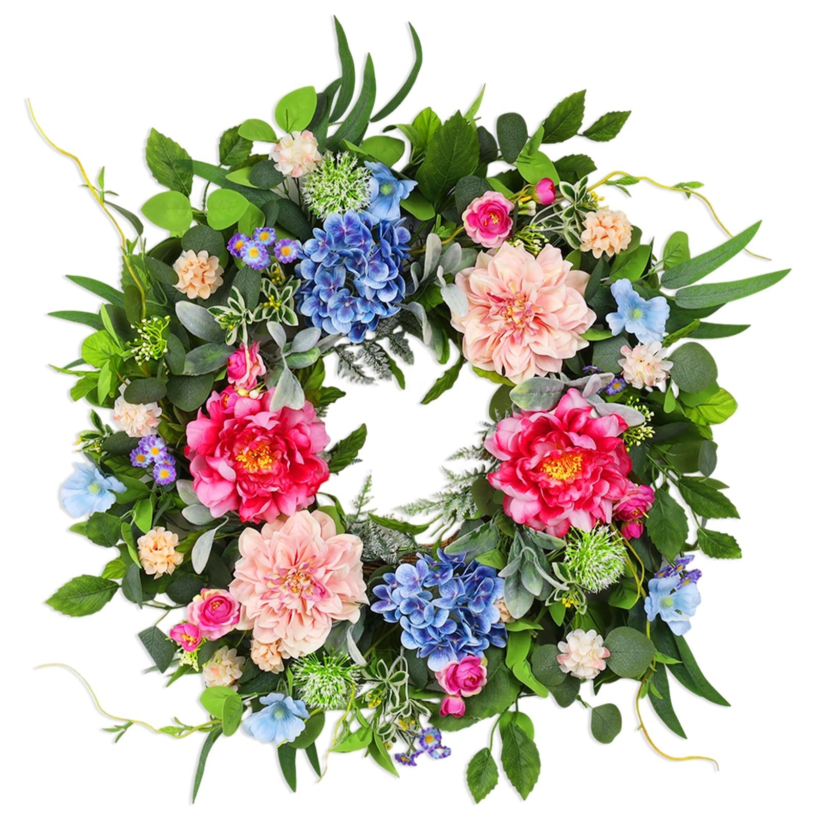 24″ Floral Spring Wreath – Artificial Daisy, Peony & Eucalyptus for Door Decor