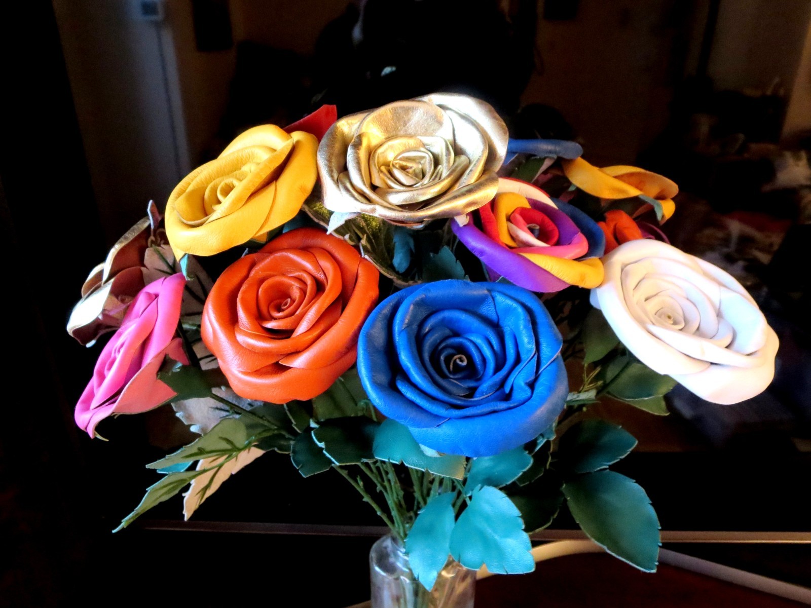 3rd Anniversary Wedding Gift Leather rose bouquet Long Stem white Flowers