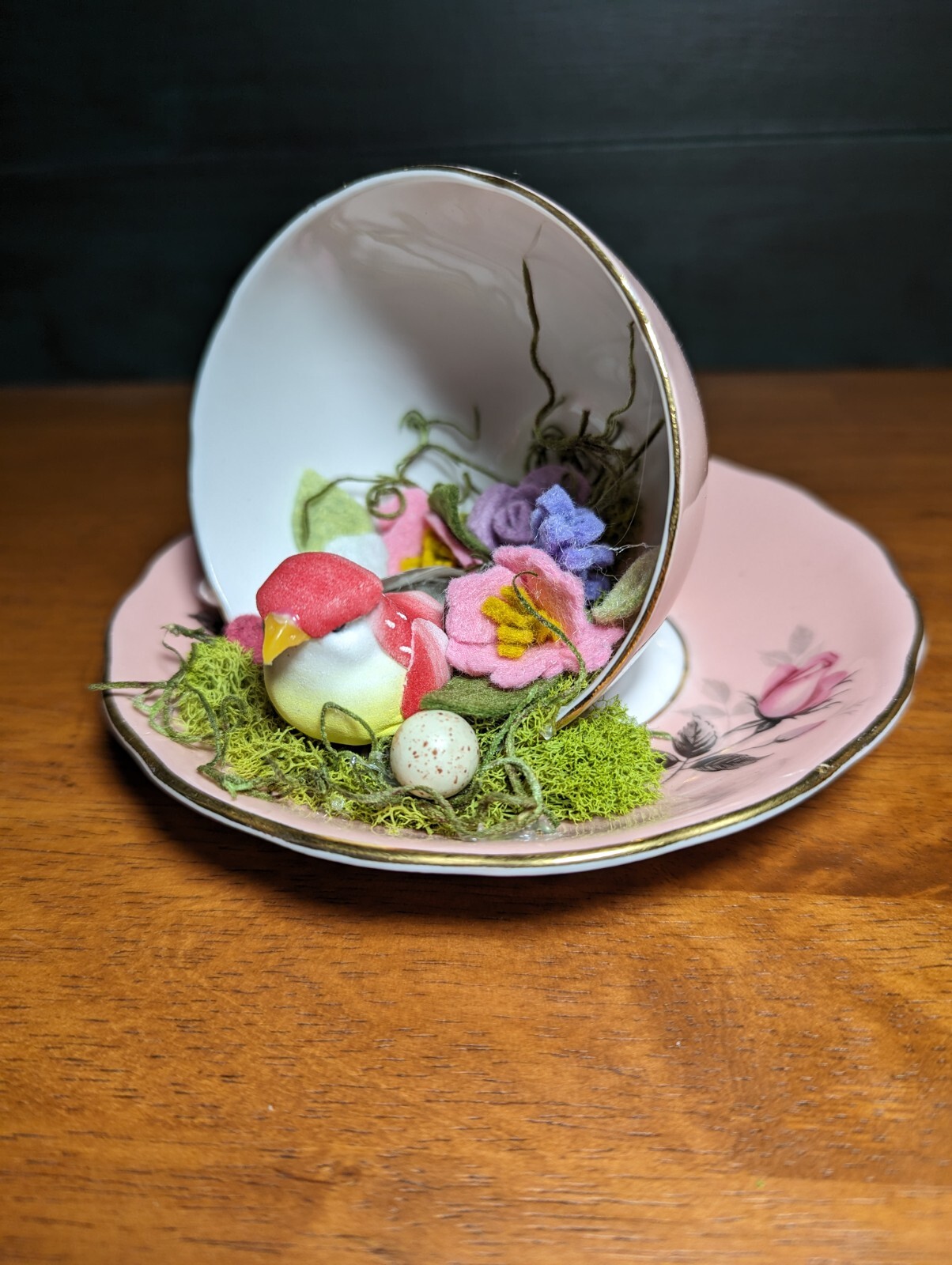Home decor Teacup, felt flowers and bird nestled in moss & tiny egg, Gift Idea!