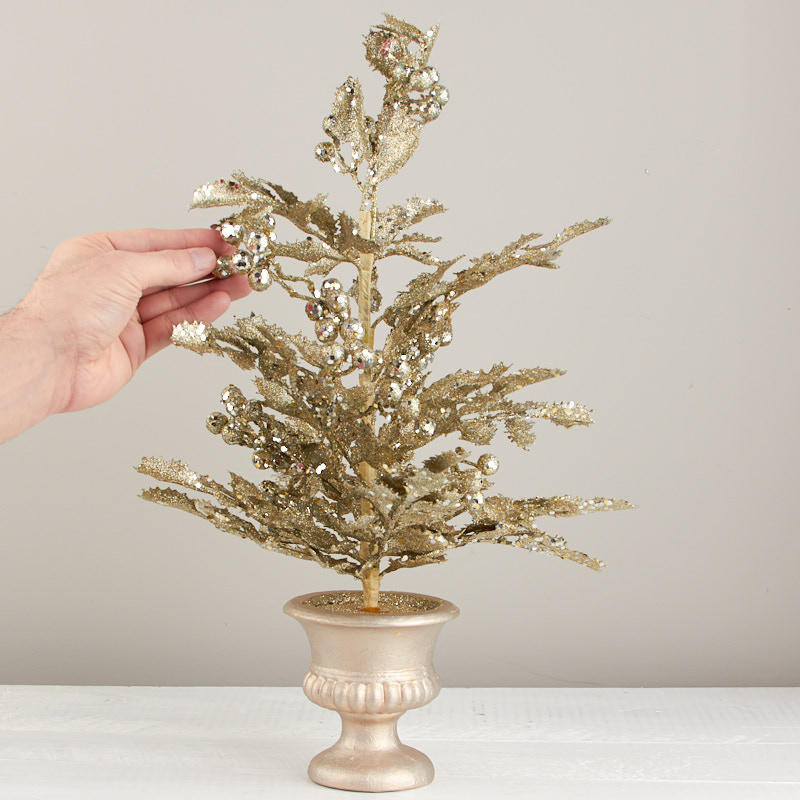 Set of 2 Sparkling Gold Artificial Holly 20″ Topiary Trees