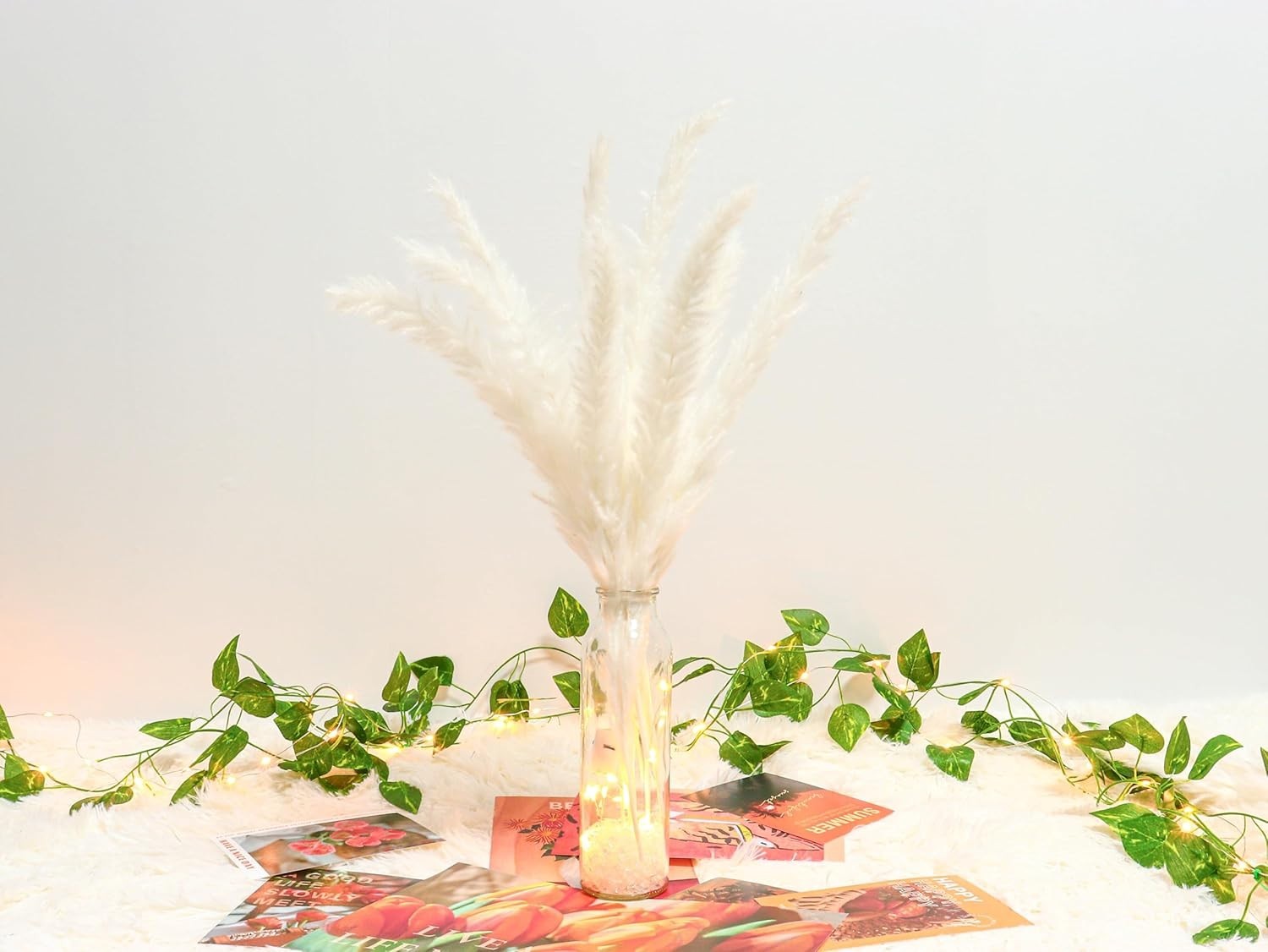 Versatile Pampas Grass Decor with LED Lights & Glass Vase for Stunning Homes