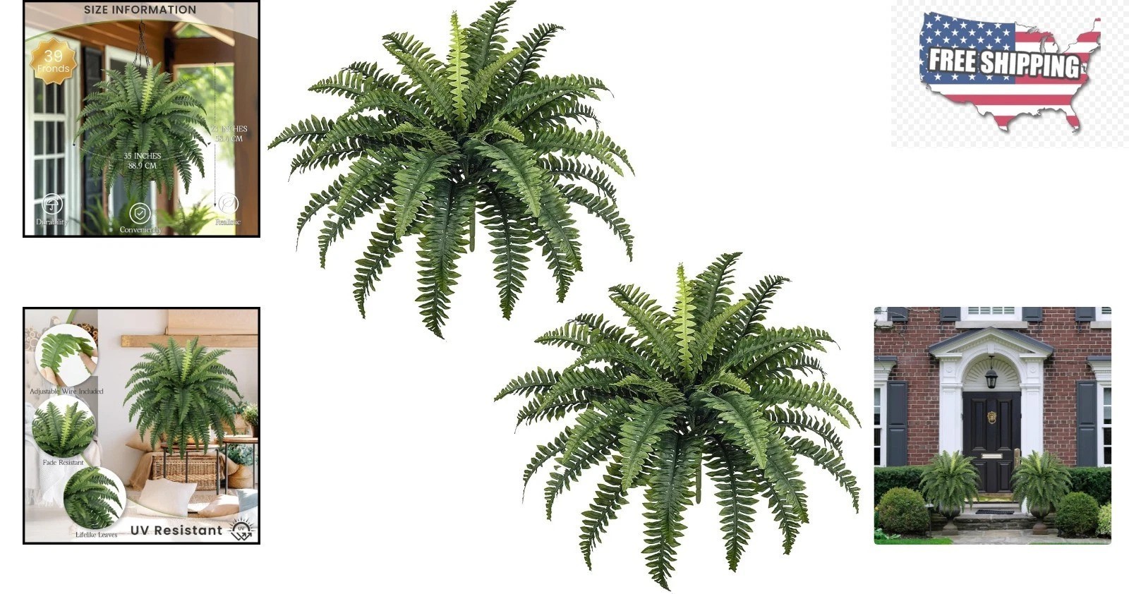Lifelike 35″ Faux Boston Ferns – 39 Fronds Each for Indoor/Outdoor Style