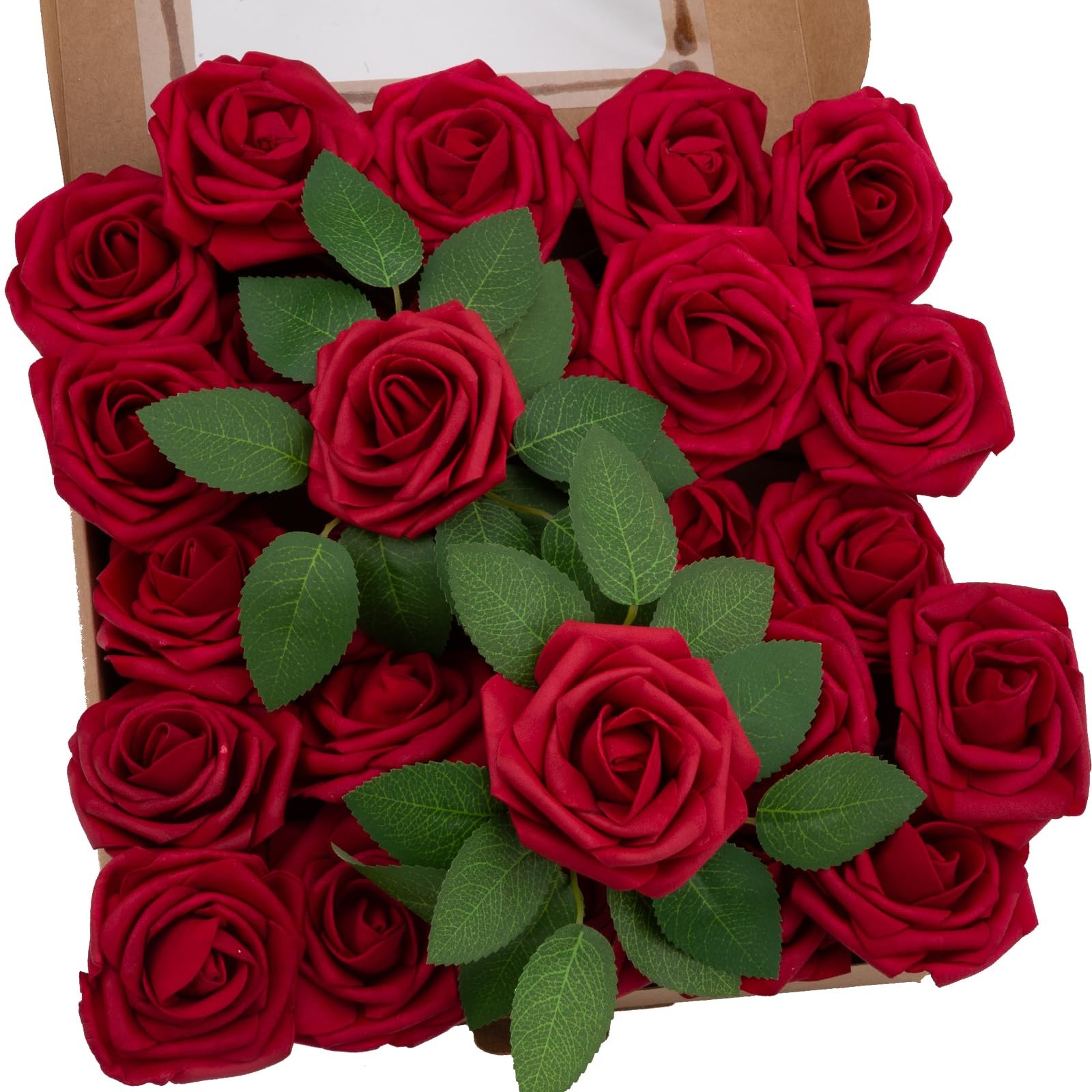 Artificial Flowers Dark Red Rose Fake Foam Roses with Stem for Wedding Bouquets