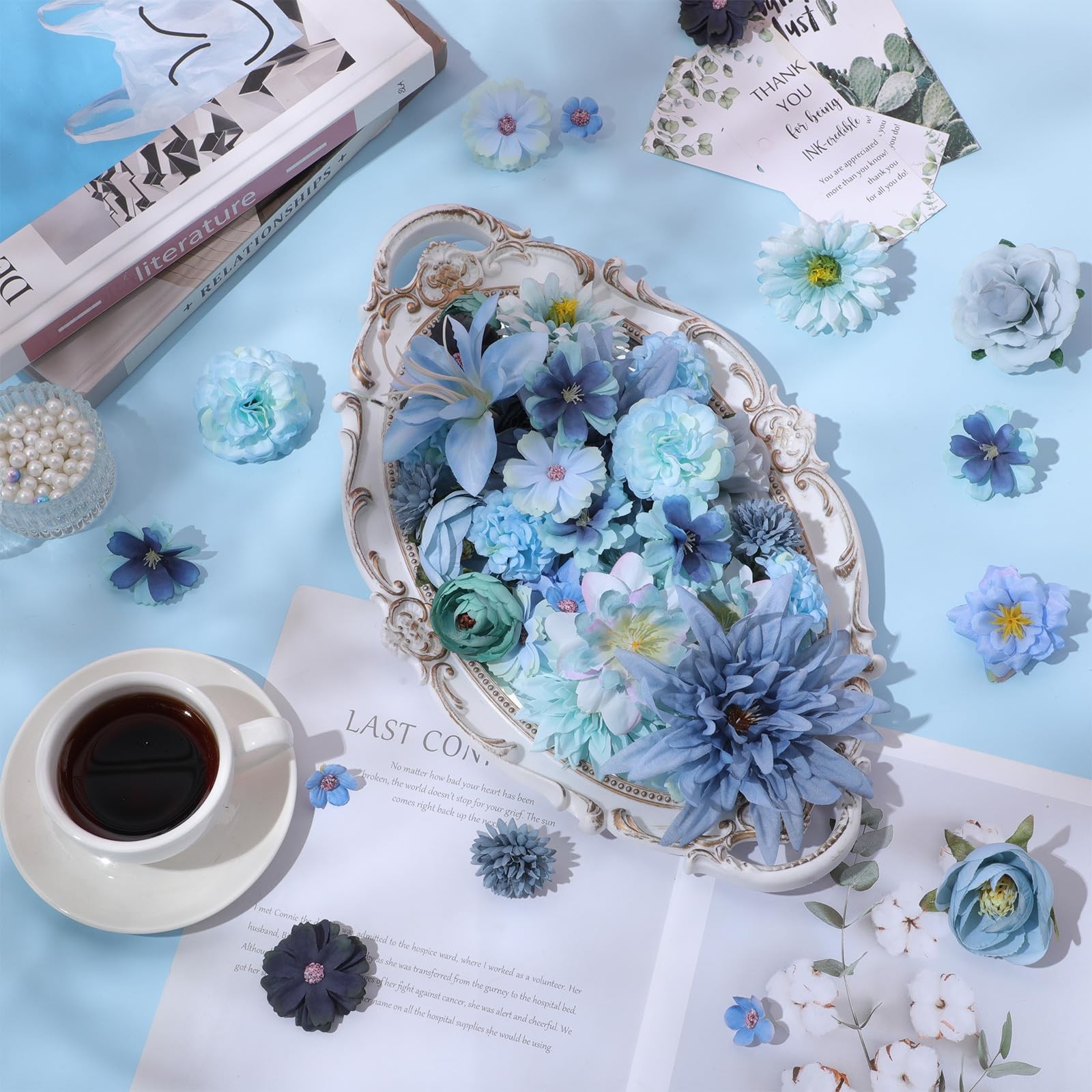 Blue Silk Artificial Faux Rose Daisy Peony Fake Flower Heads Craft Bulk 48 PCS