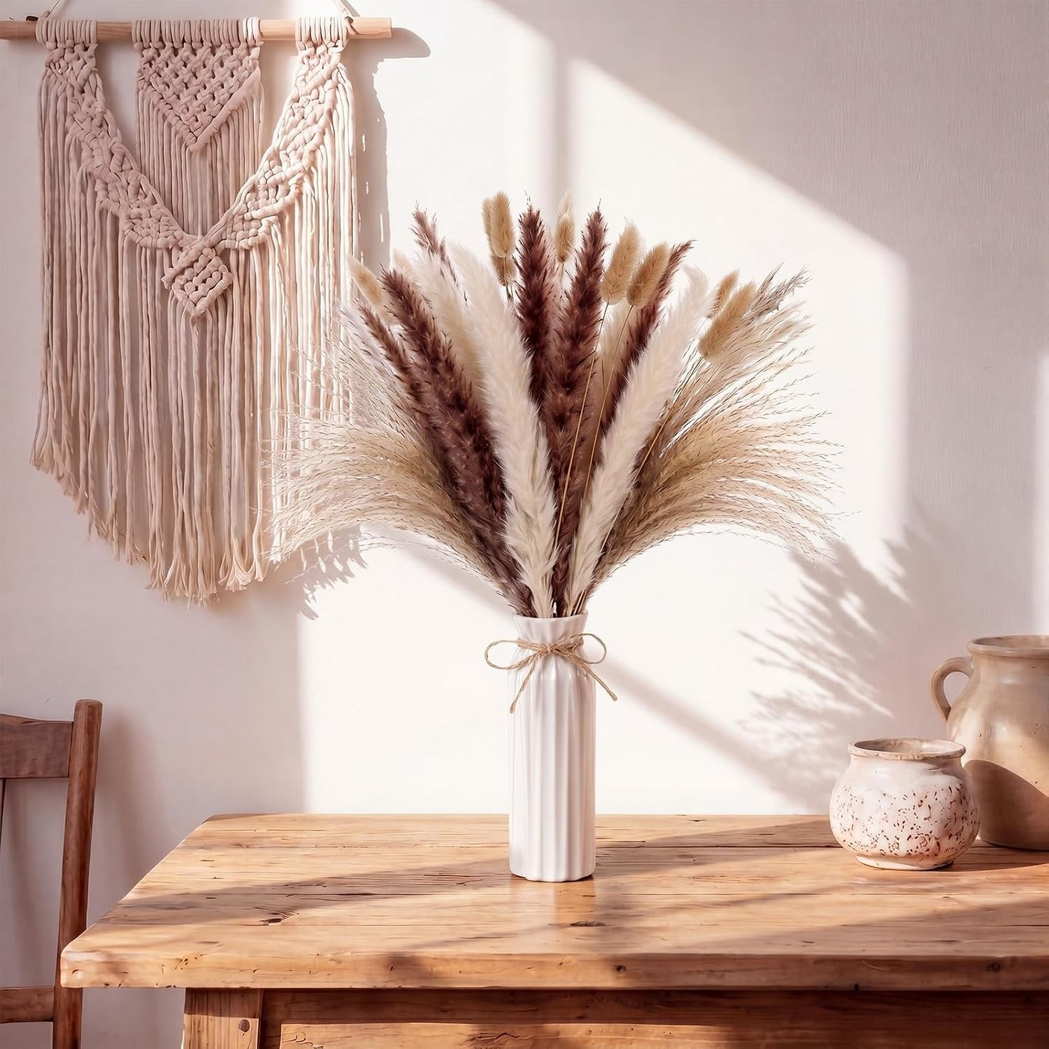 6 Set White Ceramic Vases Set W/ Dried Pampas Grass Bouquets Boho Table