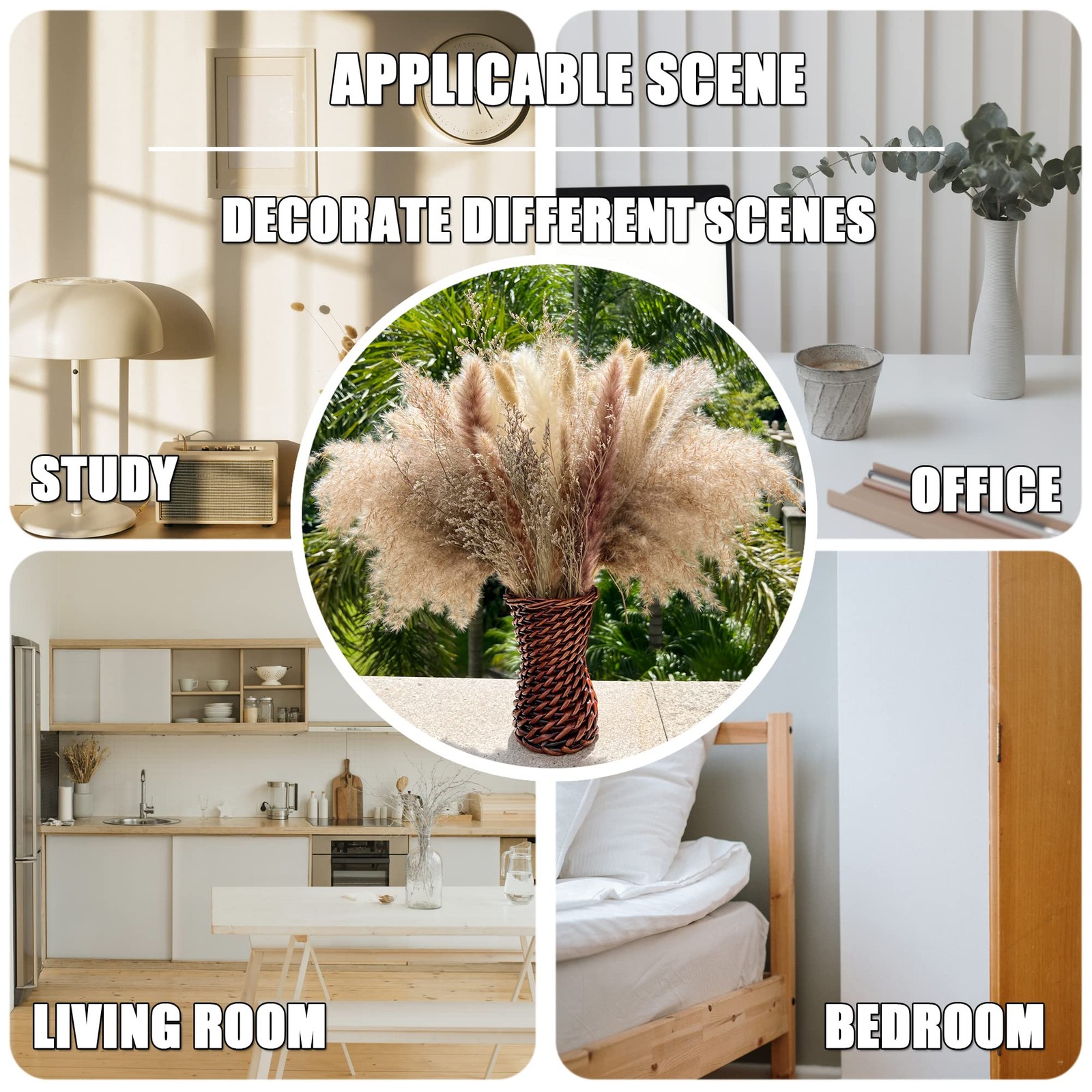 100Pcs Pampas Grass Boho Home Decor 17 inch 100, Off-white,beige,brown,grey