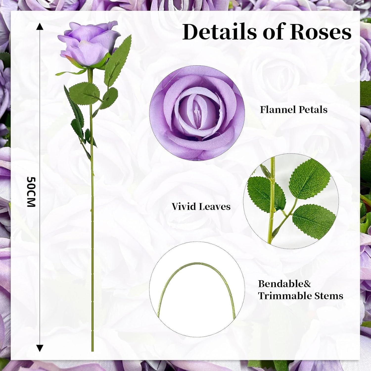 10PCS Artificial Roses Flower with Stems Slik Fake Flowers Light Purple