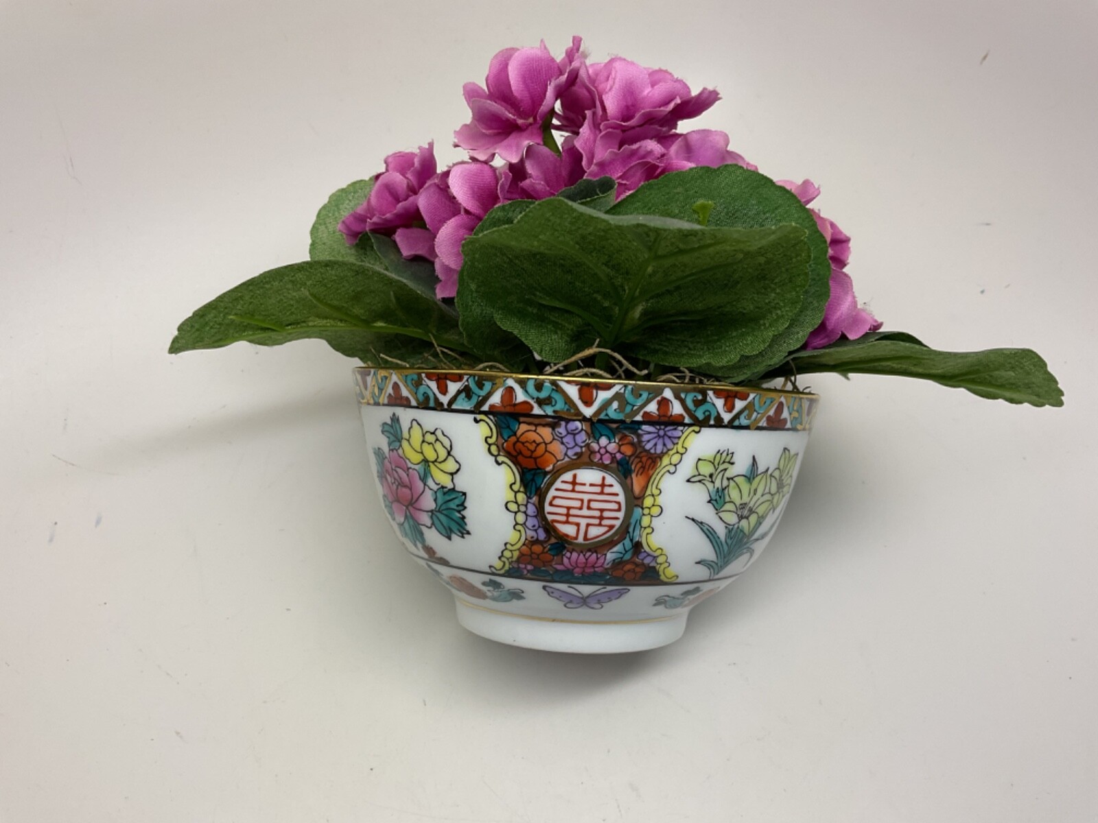 Silk Flower Arrangement in Hand Painted Chinese Porcelain Bowl