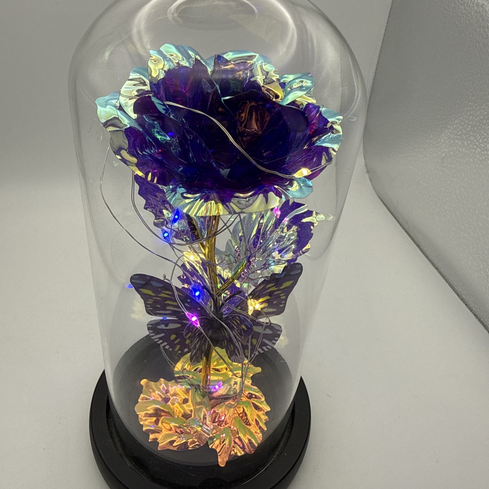 Purple Rose Flower & Butterfly in Glass Dome Cloche LED Lighted Floral Display