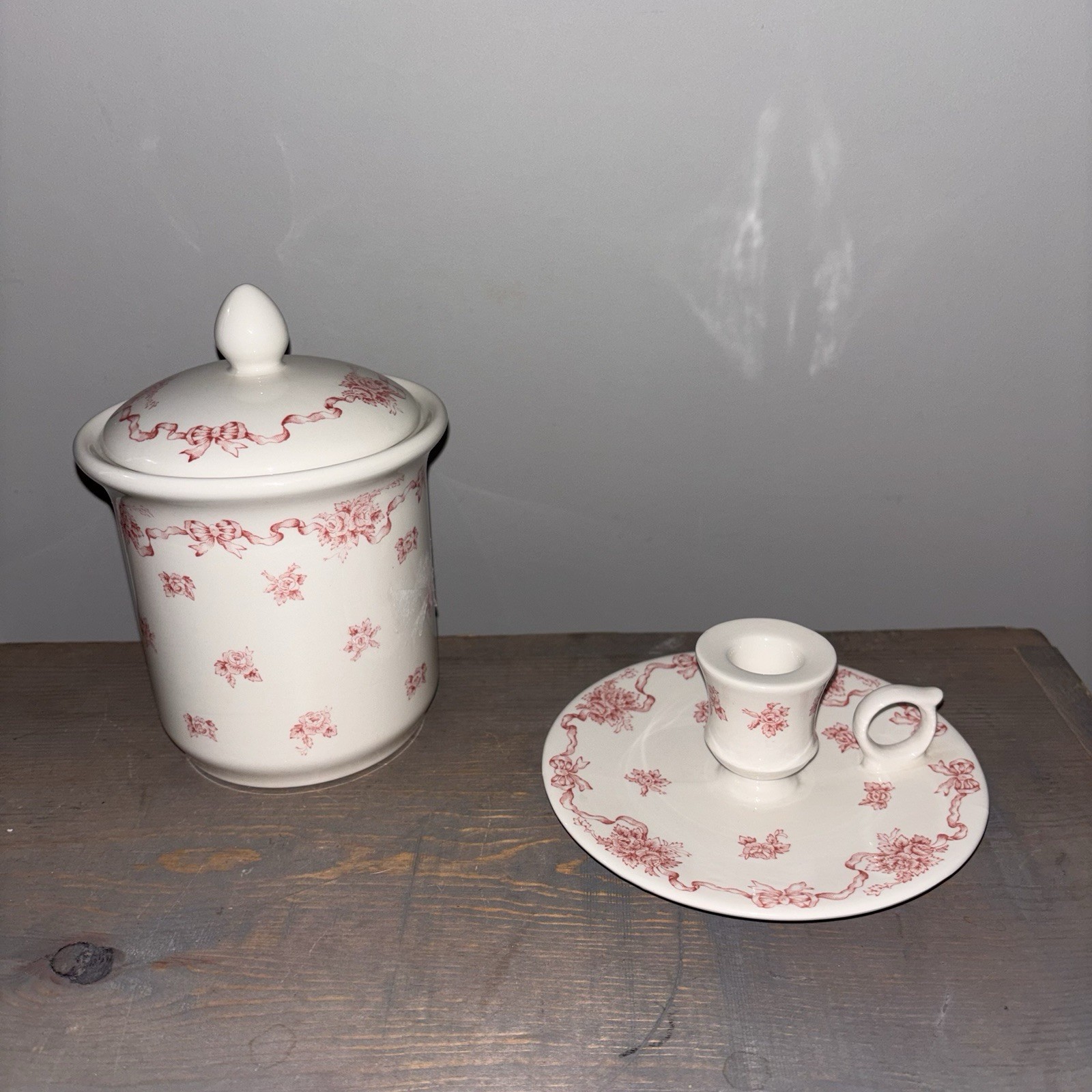 Laura Ashley Jar Canister Cotton Ball Holder & Candlestick Holder Pink Ribbons