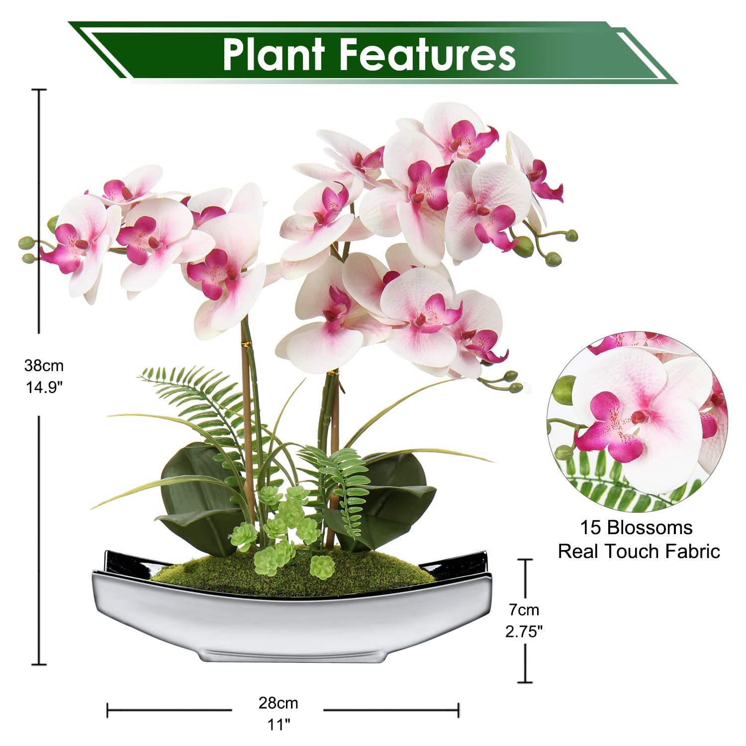 Orchids Artificial Flowers 15 Inch Light Pink Phalaenopsis with Silver Pots
