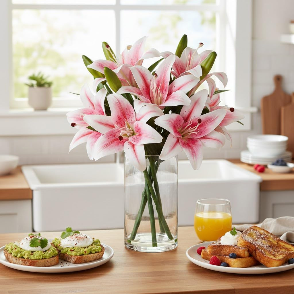 Pink Lilies Artificial Flower Arrangement with Glass Vase for Home Decor
