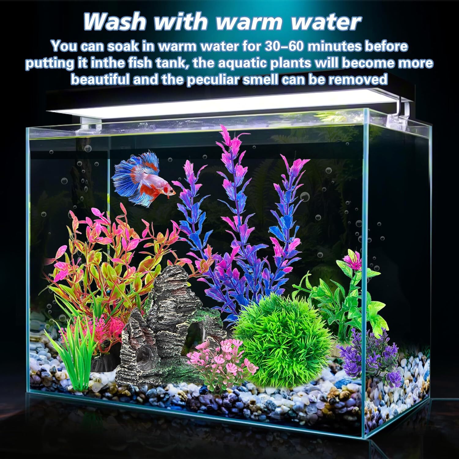 Ameliade Aquarium Artificial Plastic Plants & Rock Cave Decor Set – Fish Tank