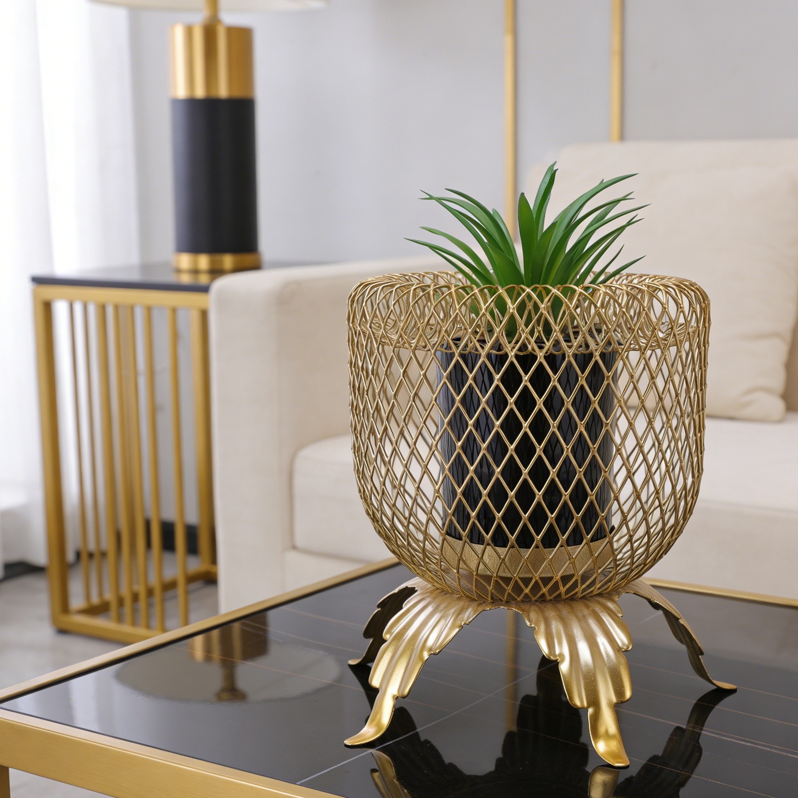 Small Fake Plant With Metal Cage Decorative Potted Artificial Succulent For Home