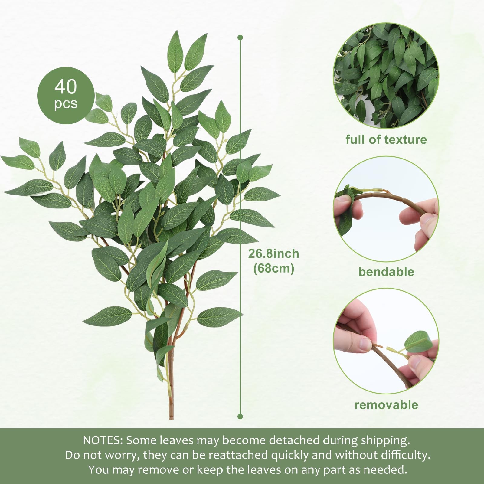 40PCS Artificial Italian Ruscus Greenery Stems, 68cm 26.8” Fake Green Leaf G…