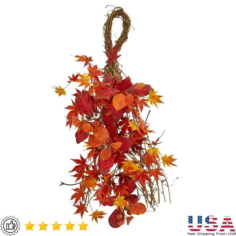 Mixed Japanese Maple Teardrop Artificial Fall Wreath Indoor Decor Berries New