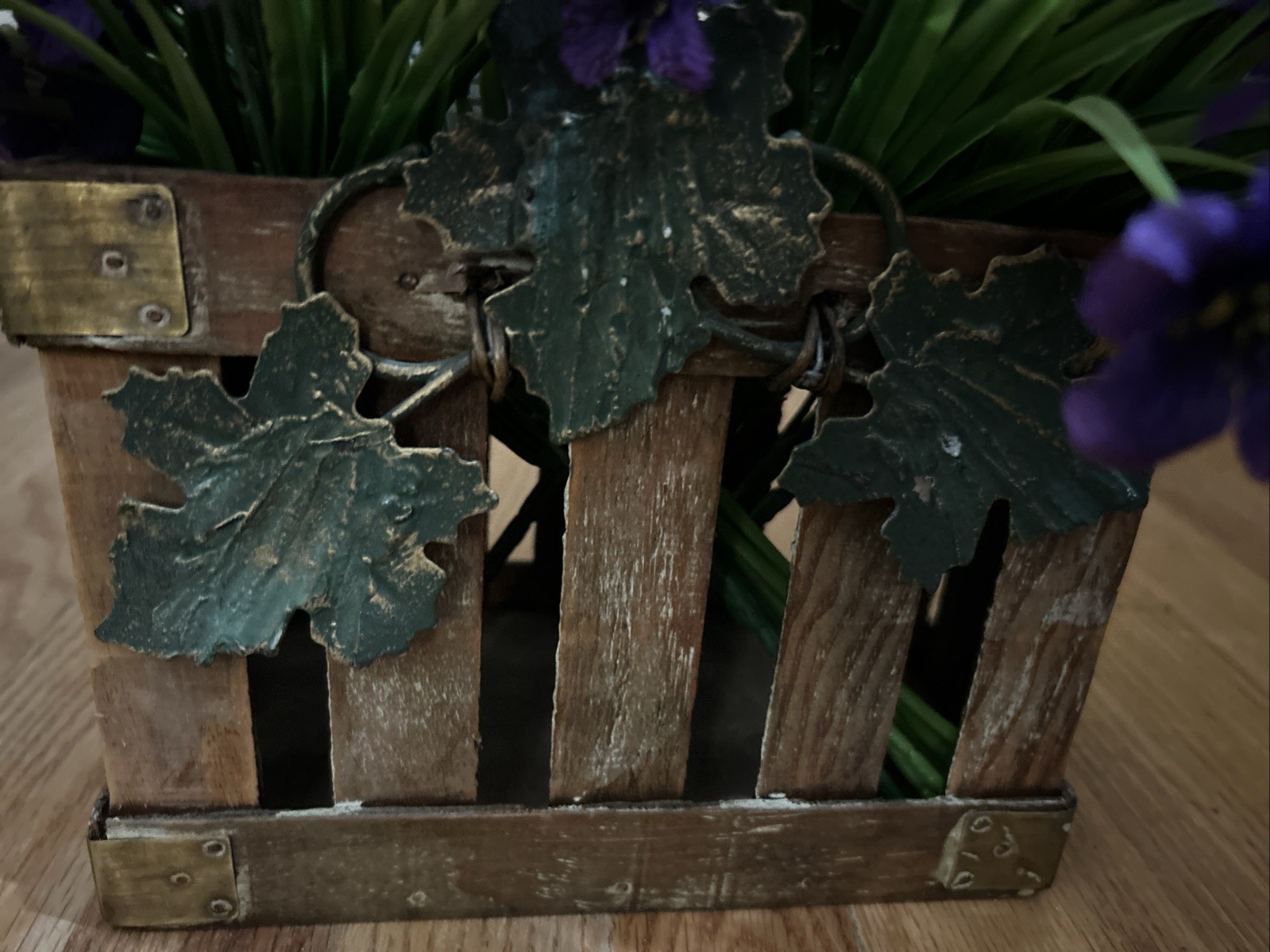 Beautiful Purple & White Floral Arrangement In A Crate With Handle Metal Leaves
