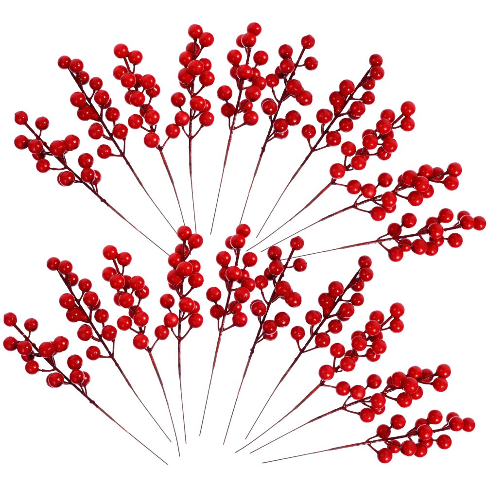 20Pcs Artificial Flower Ornaments Red Berry Branches for Xmas Banquet Decoration